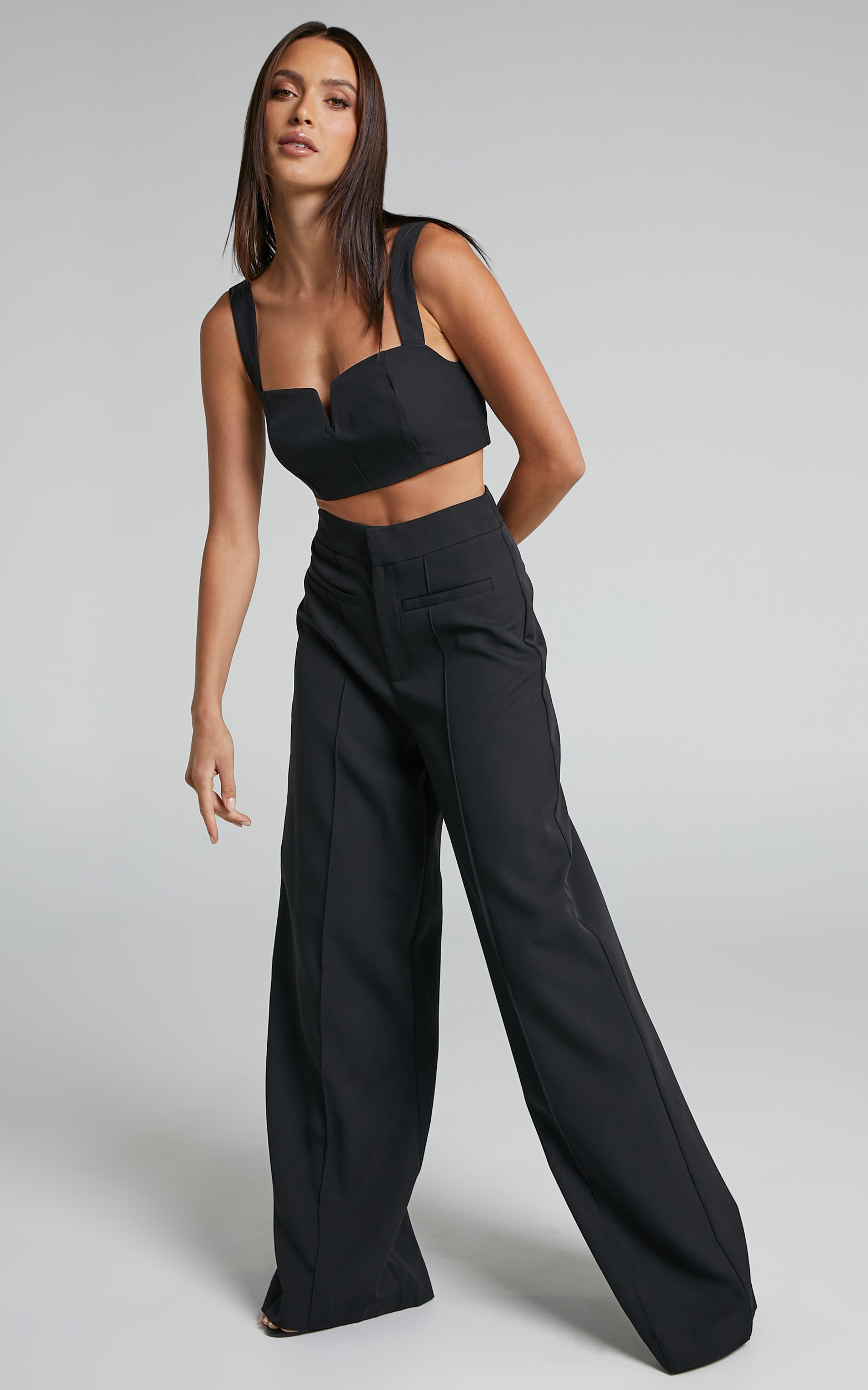 Maida V-Front Crop Top and Wide Leg Pants Two Piece Set in Black - 04, BLK1, hi-res image number null