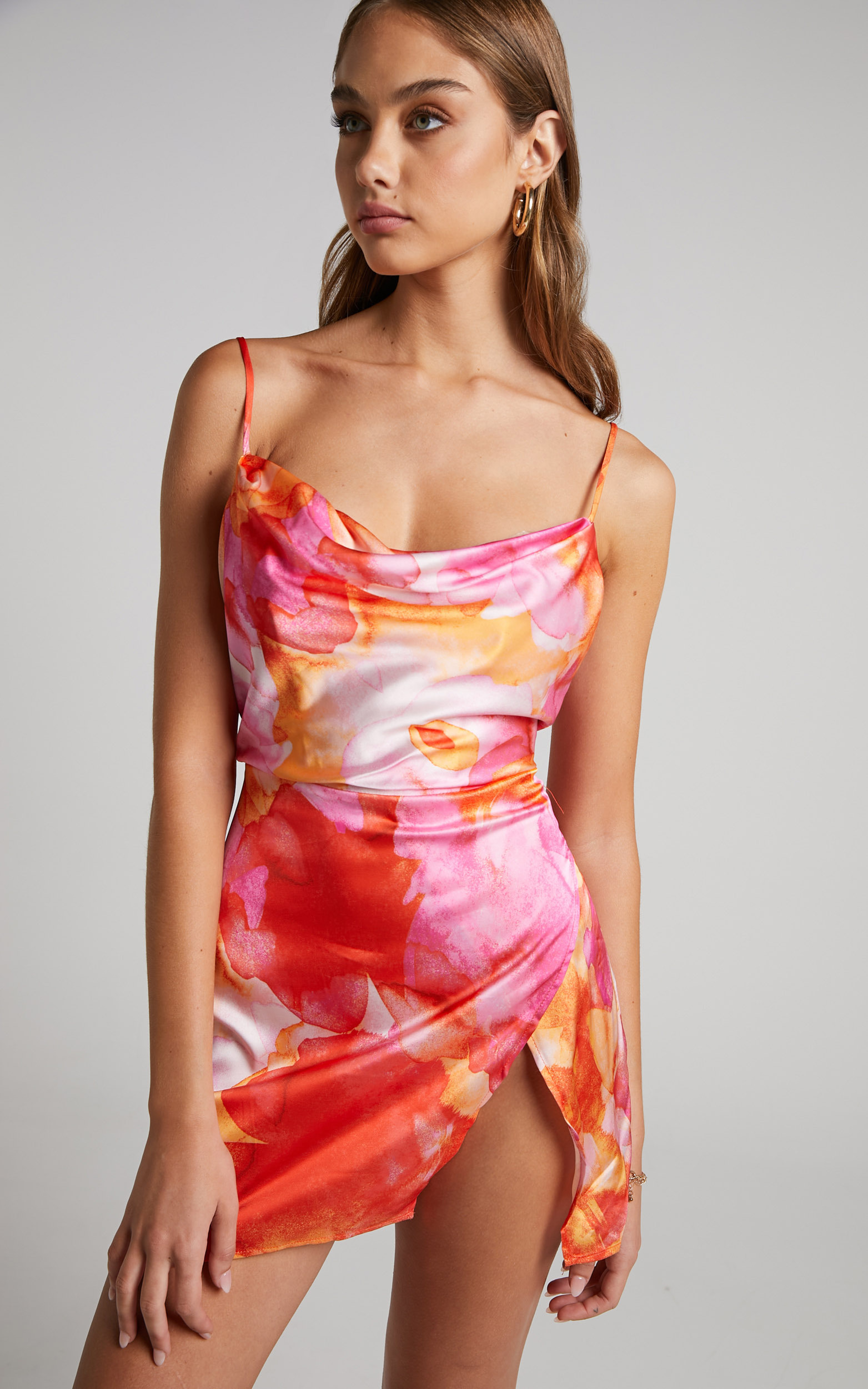 Kiararah Mini Dress - Split Cowl Neck Dress in Party Sunrise - 04, MLT1, hi-res image number null