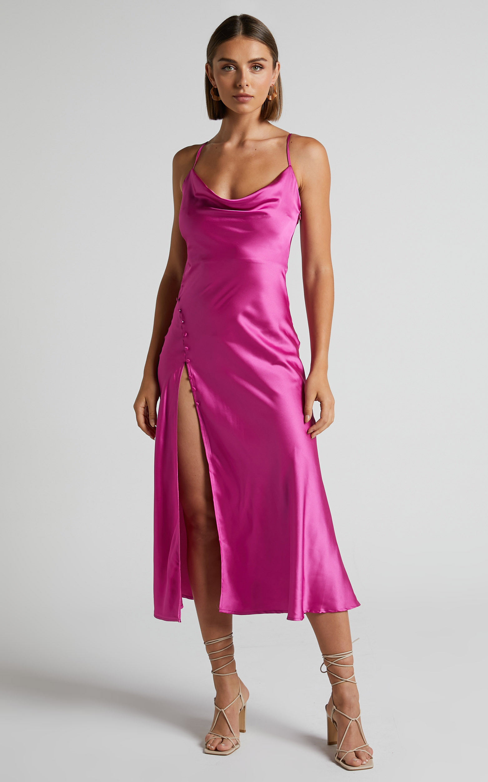 Flordeliza Midi Dress - Cowl Neck Thigh Slit Slip Dress in Pink - 04, PNK1, hi-res image number null