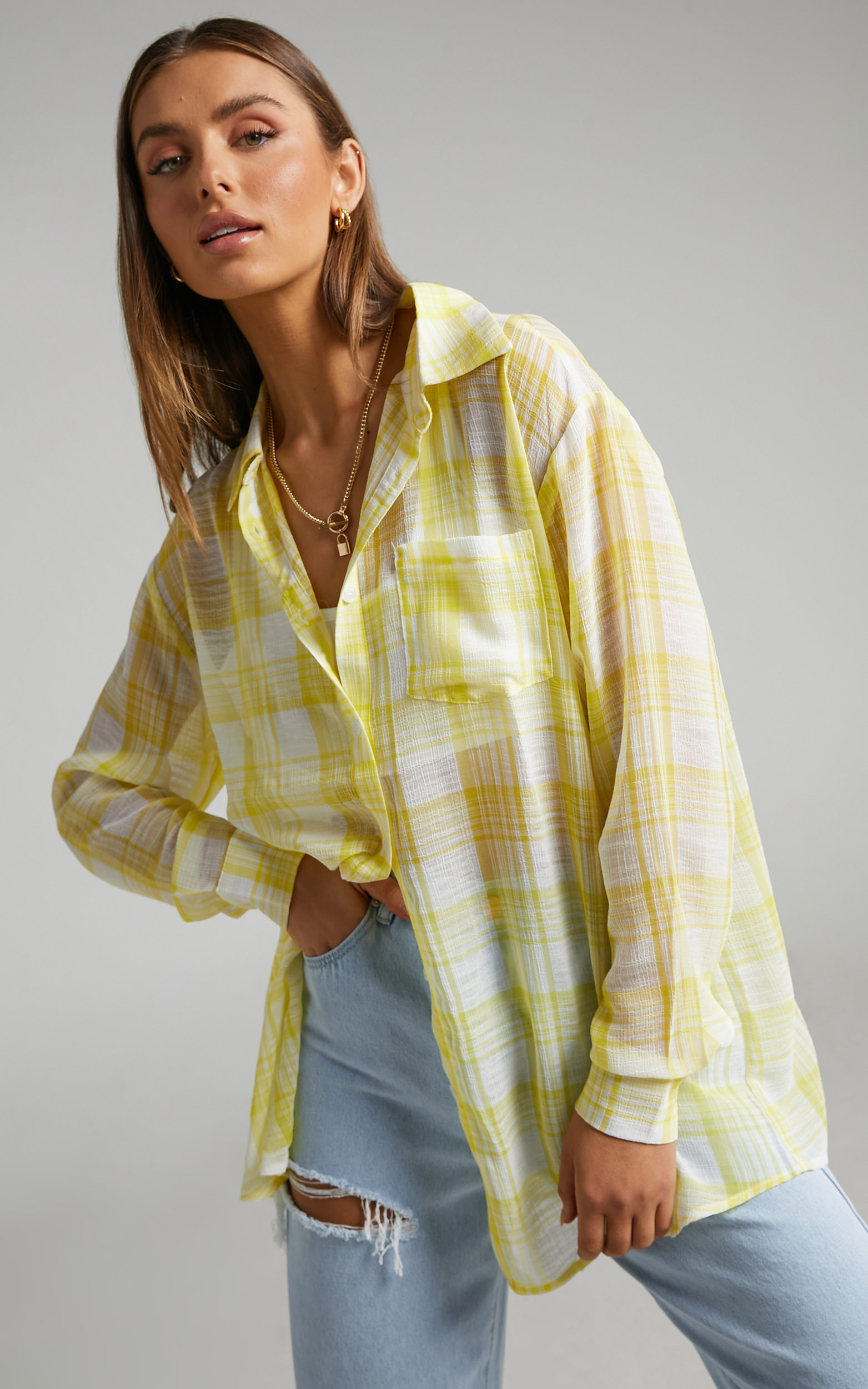 Catania Oversized Sheer Check Shirt in Yellow - 08, YEL1, hi-res image number null