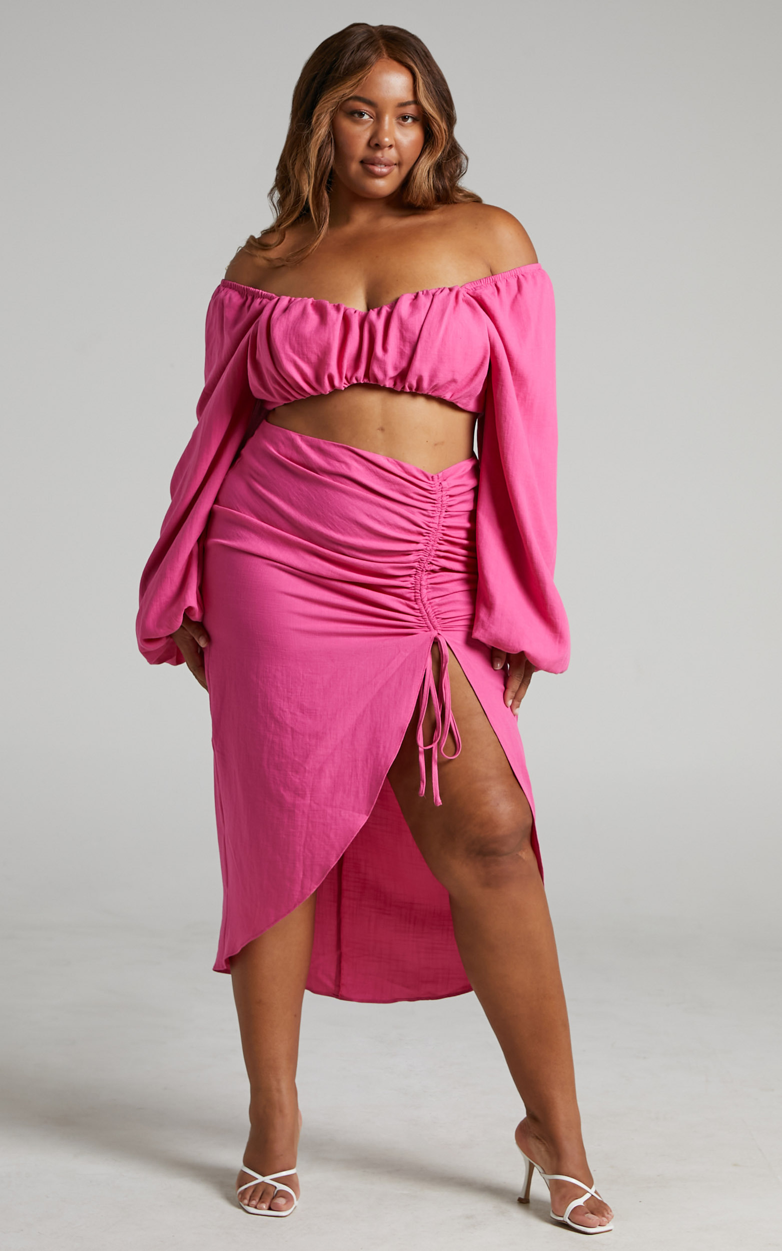 Shamir Balloon Sleeve Crop Top and Ruched Split Midi Skirt in Hot Pink - 04, PNK1, hi-res image number null