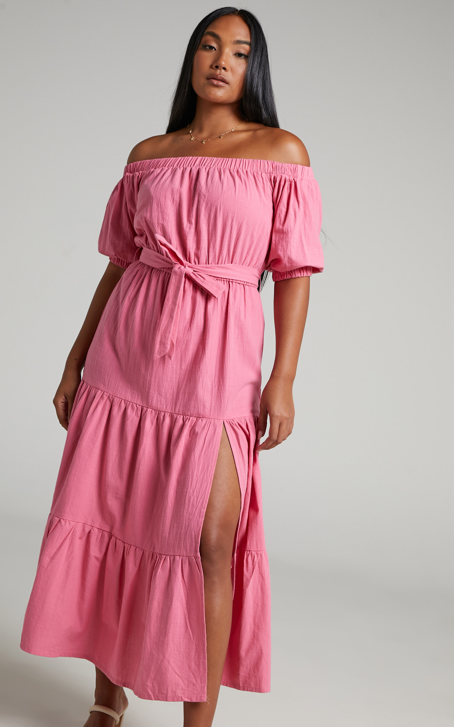 Leora off the shoulder tiered maxi dress in Pink - 06, PNK1, hi-res image number null