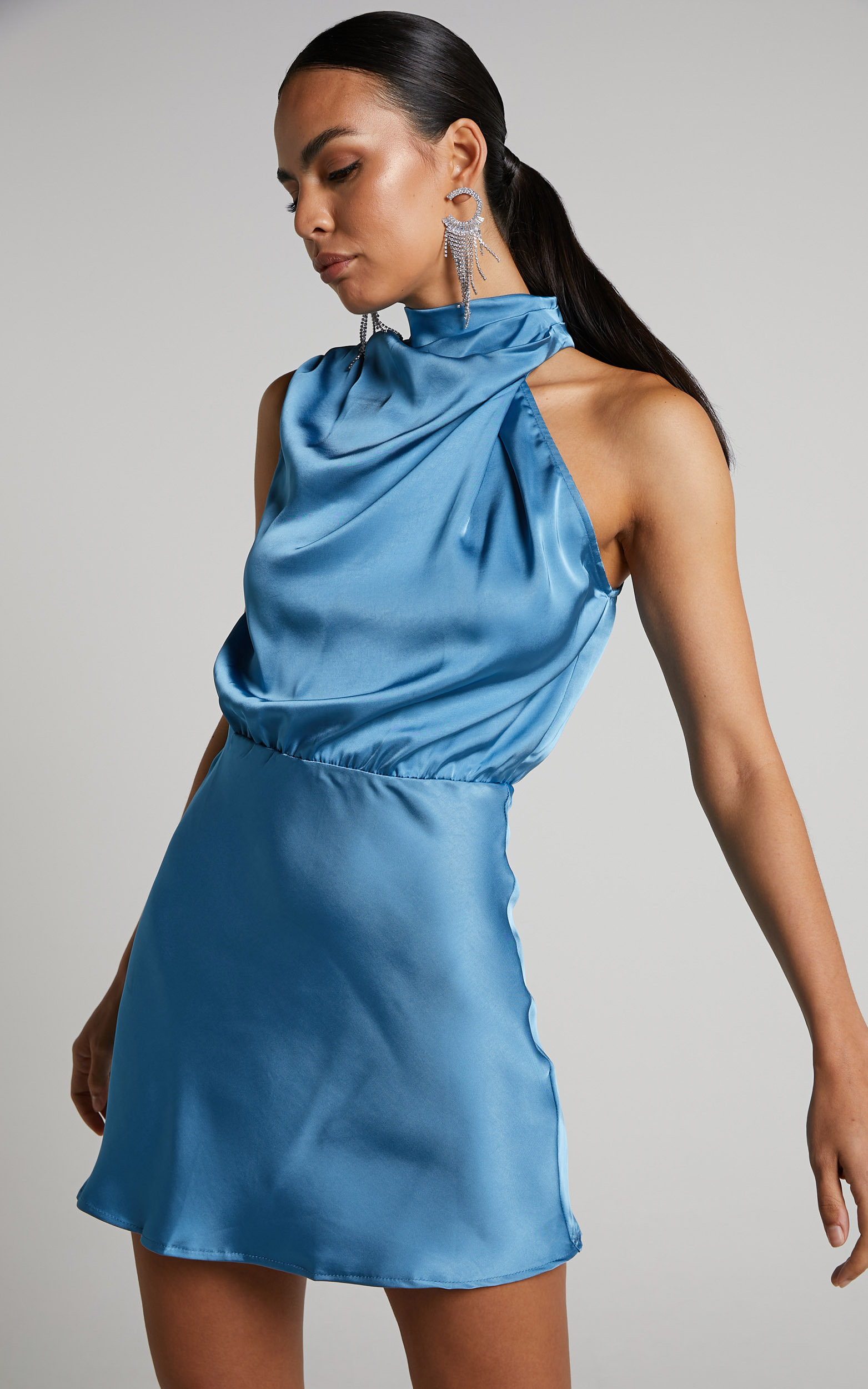 Posie Drape Neck Mini Dress in Steel Blue - 04, BLU1, hi-res image number null