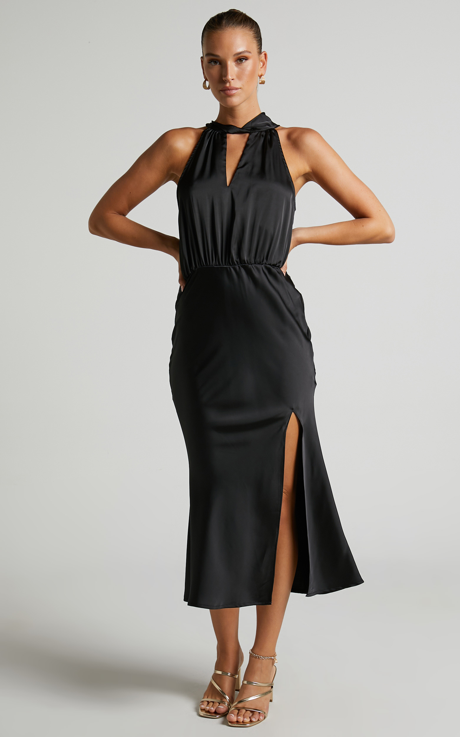 Shadia Midi Dress - Halter High Neck Cut Out Satin Dress in Black - 06, BLK1, hi-res image number null
