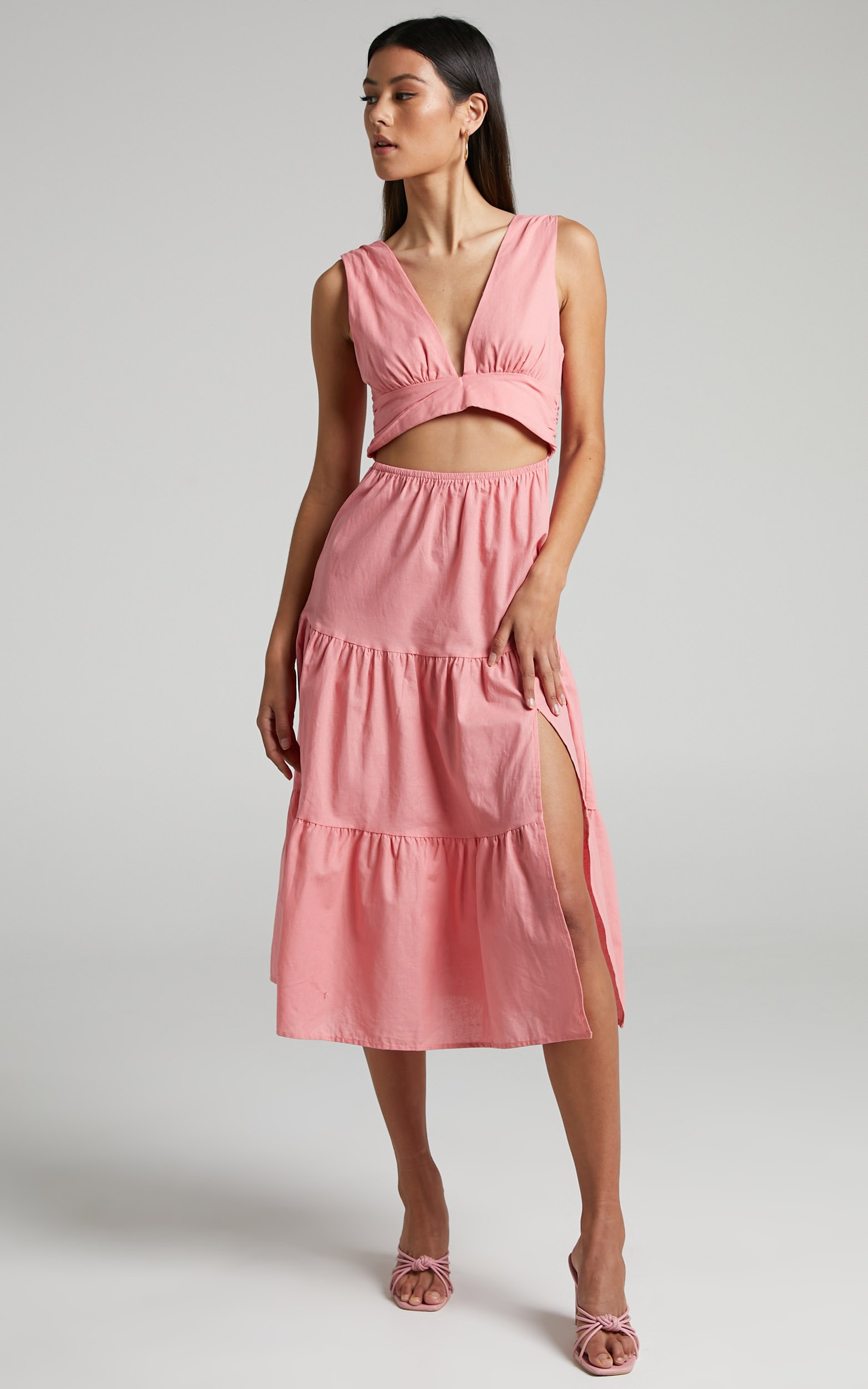 Spencer V Neck Cut Out Tiered Midi Dress in Dusty Pink - 04, PNK2, hi-res image number null