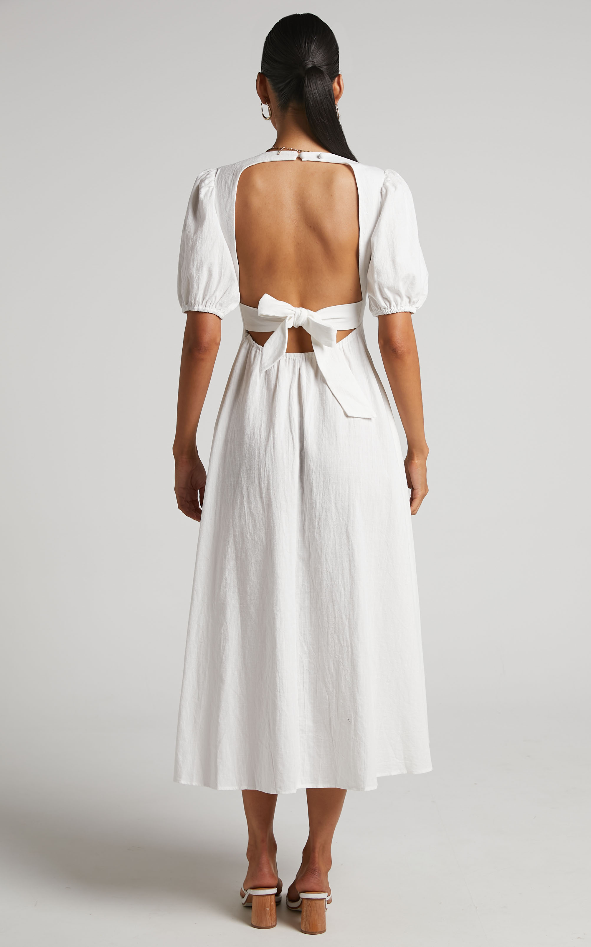Marsha Midi Dress - Ring Detail Tie Back Puff Sleeve Dress in White ...