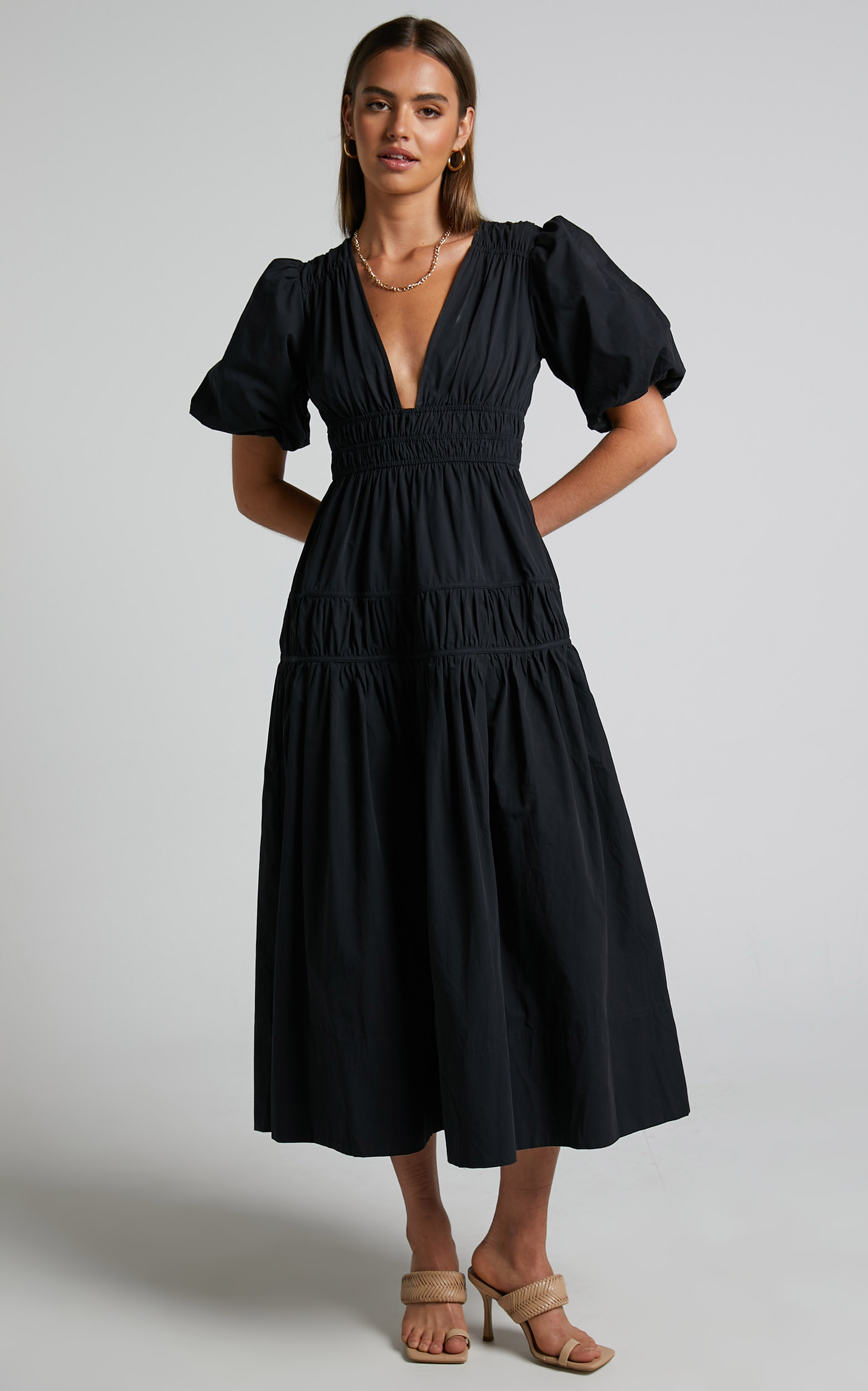 Mellie Midi Dress - Puff Sleeve Plunge Tiered Dress in Black - 04, BLK1, hi-res image number null