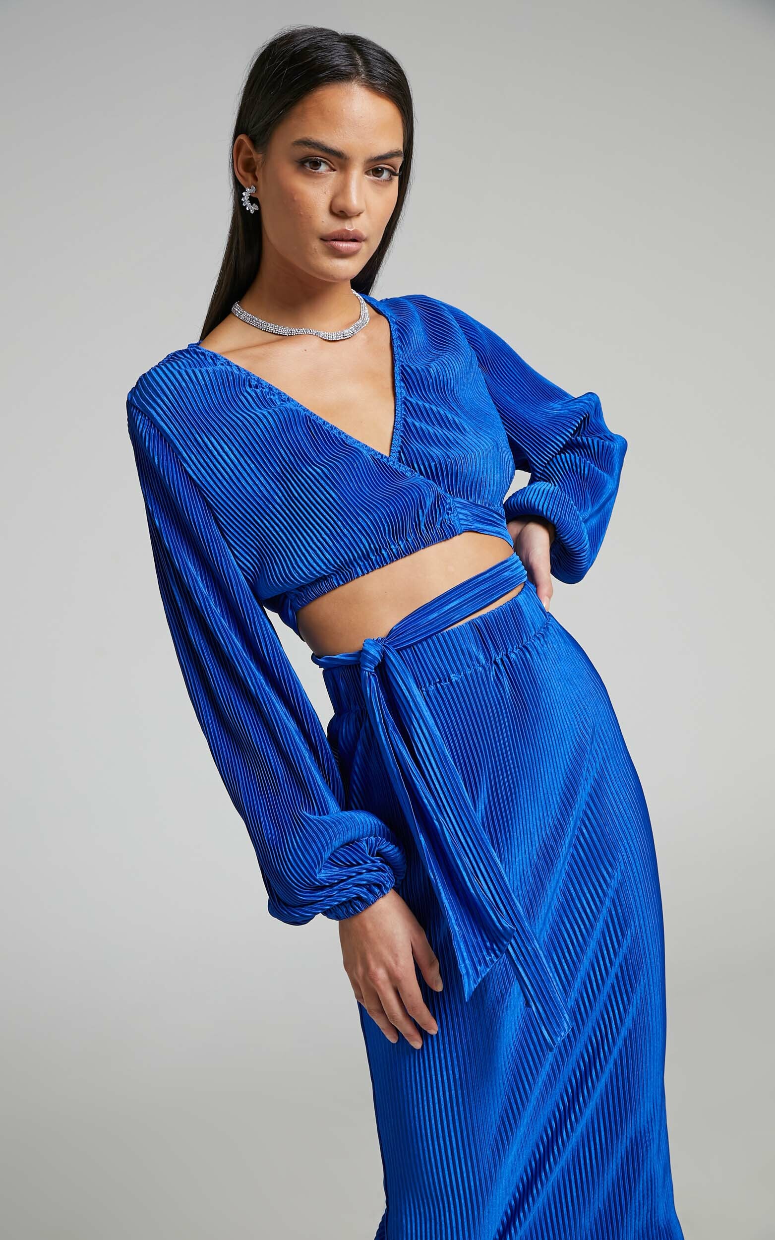 Allina Plisse Long Sleeve Wrap Top and Midi Skirt Two Piece Set in Cobalt - 04, BLU1, hi-res image number null