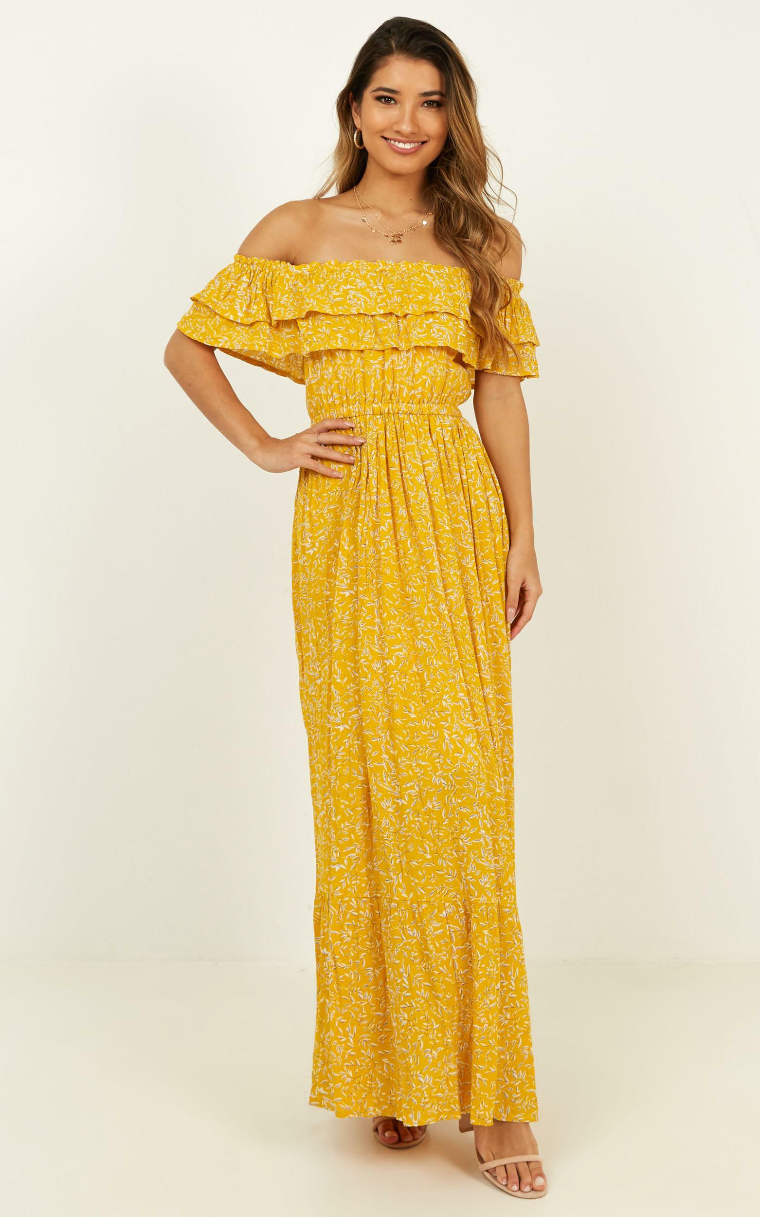 Notre Dame Off Shoulder Maxi Dress in Yellow Floral - 04, YEL5, hi-res image number null