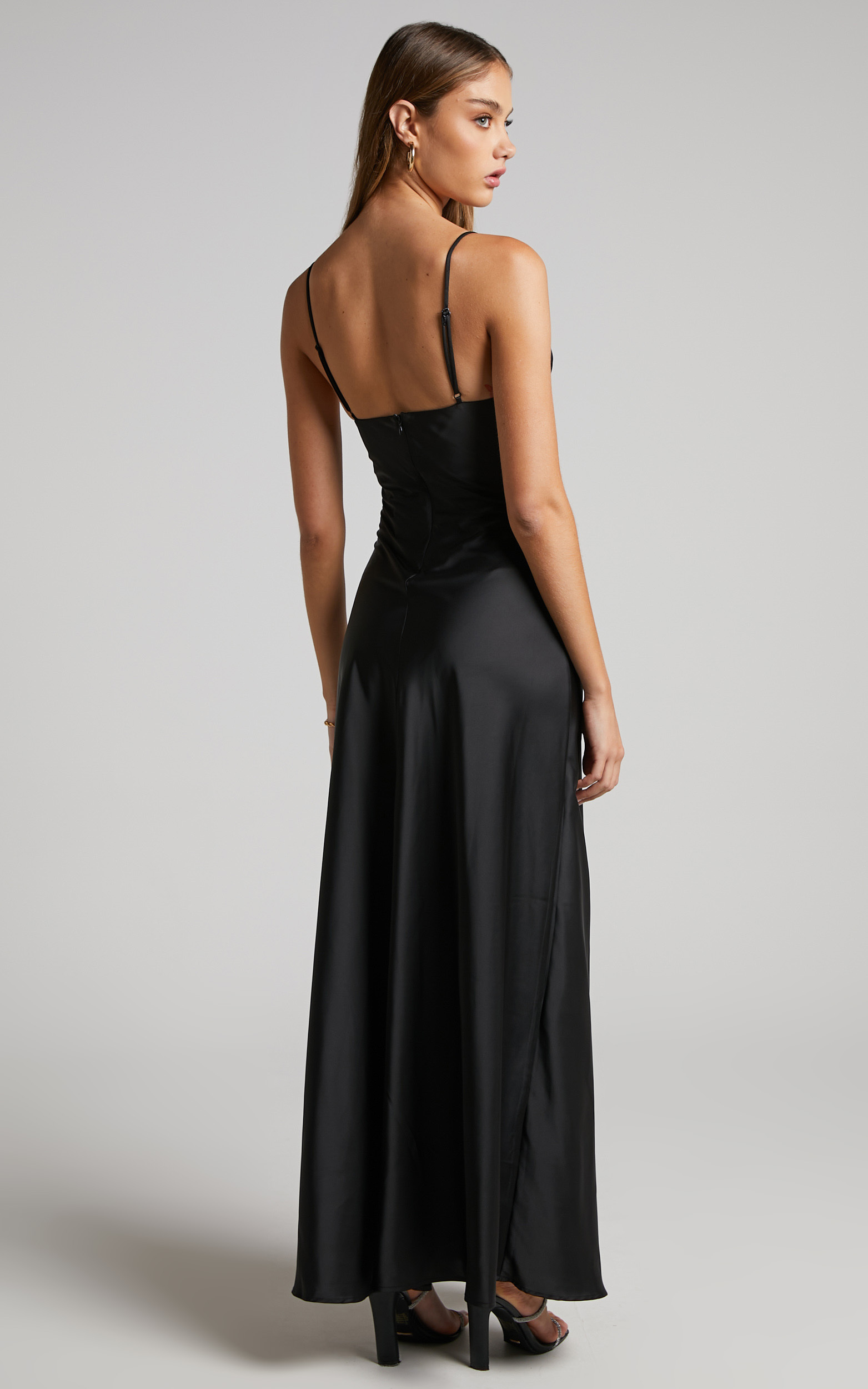 Cariela Plunge Neck Satin Maxi Dress in Black | Showpo USA