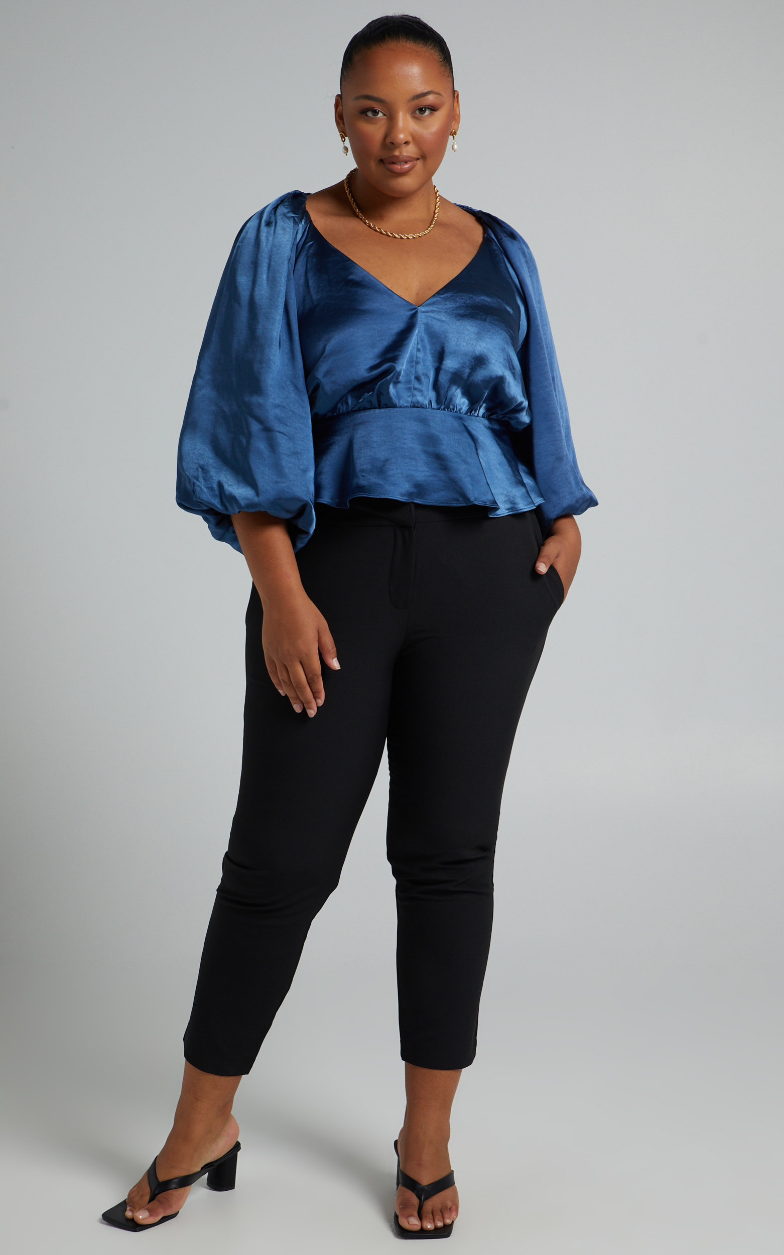 Rosette Balloon Sleeve Top in Dusty Blue - 04, BLU1, hi-res image number null
