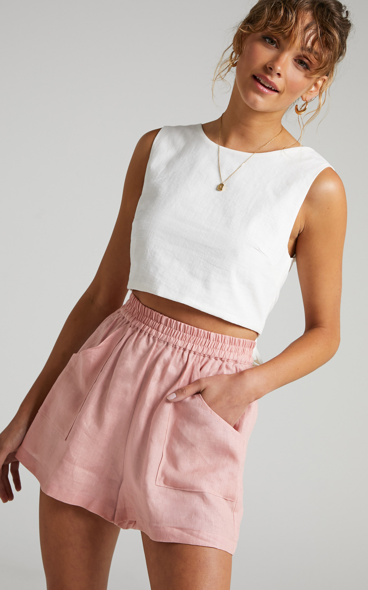 Amalie The Label - Indrissy Linen Elasticated Loose Fit Shorts in Dusty Pink - 06, PNK1, hi-res image number null