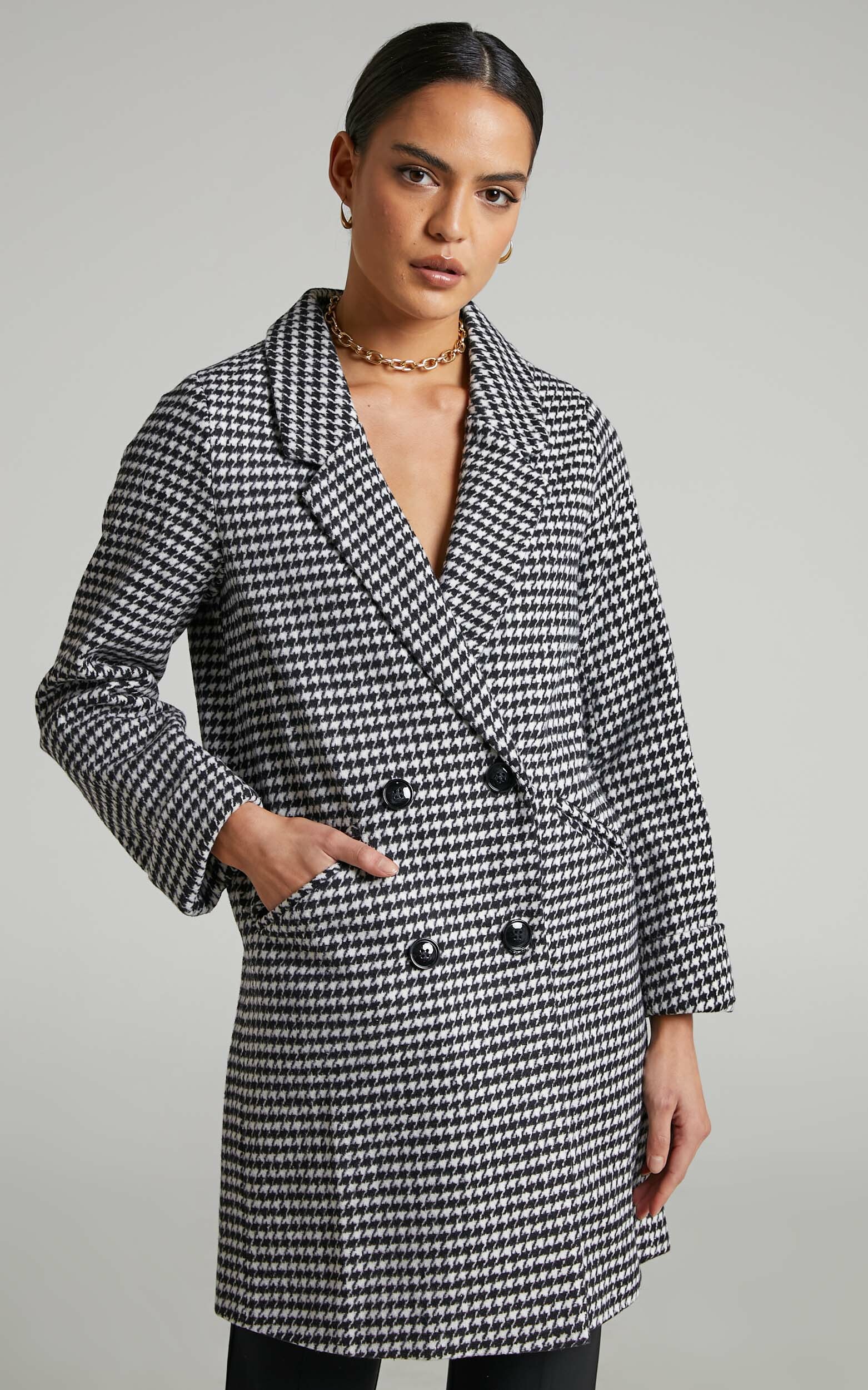 Hermeena Double Breasted Longline Coat in Black/White check - L, BLK1, hi-res image number null