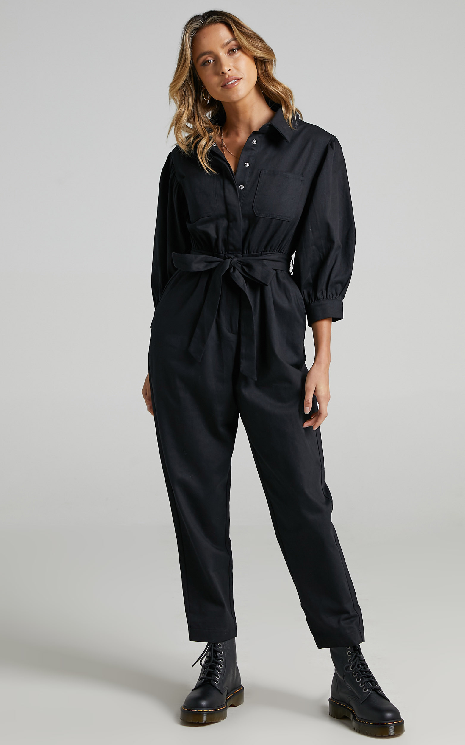 Bradfield Centre Tie Collared Jumpsuit in Black - 06, BLK1, hi-res image number null