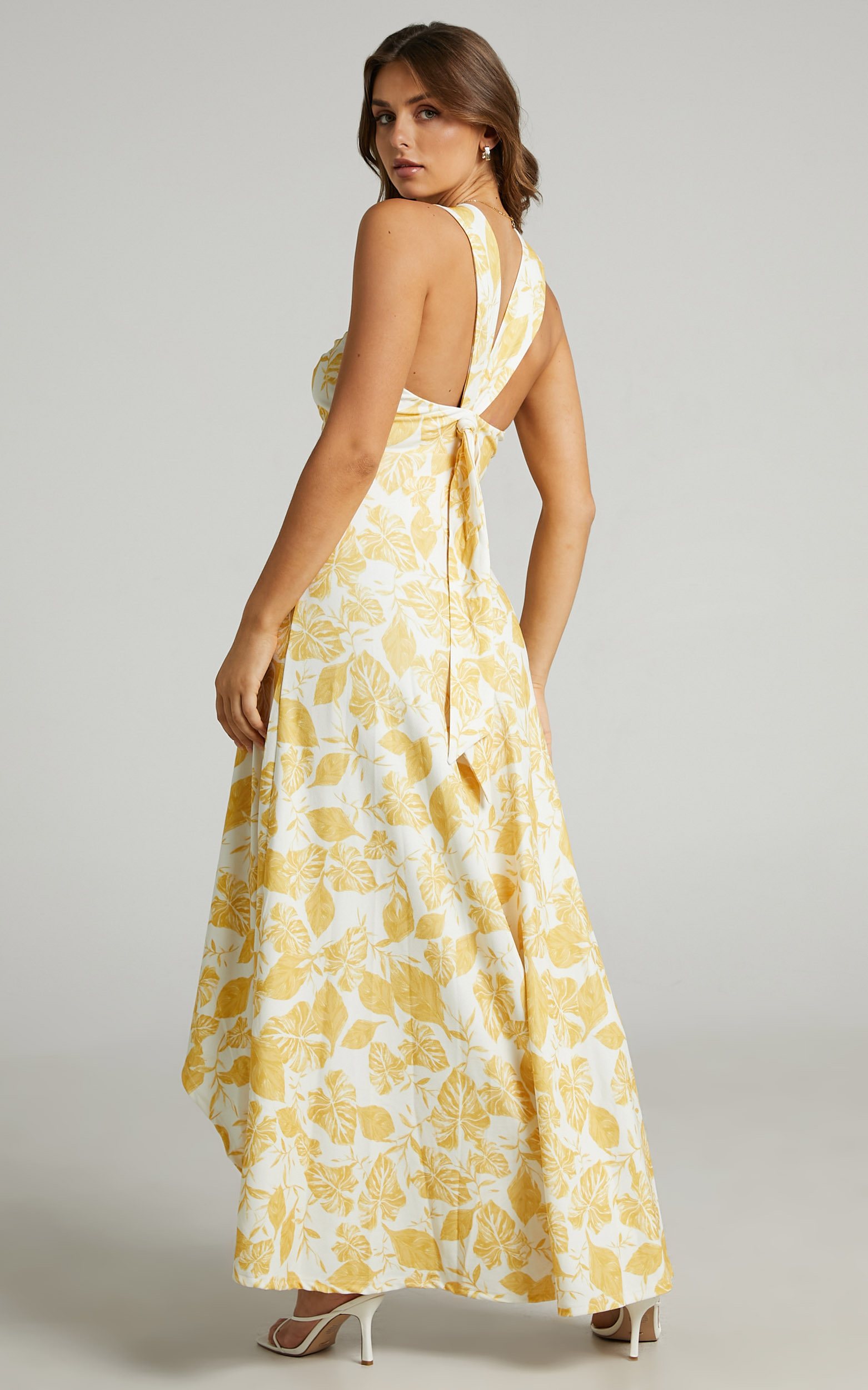 Erskine Knot Front High Low Maxi Dress in Yellow Leaf - 04, WHT1, hi-res image number null