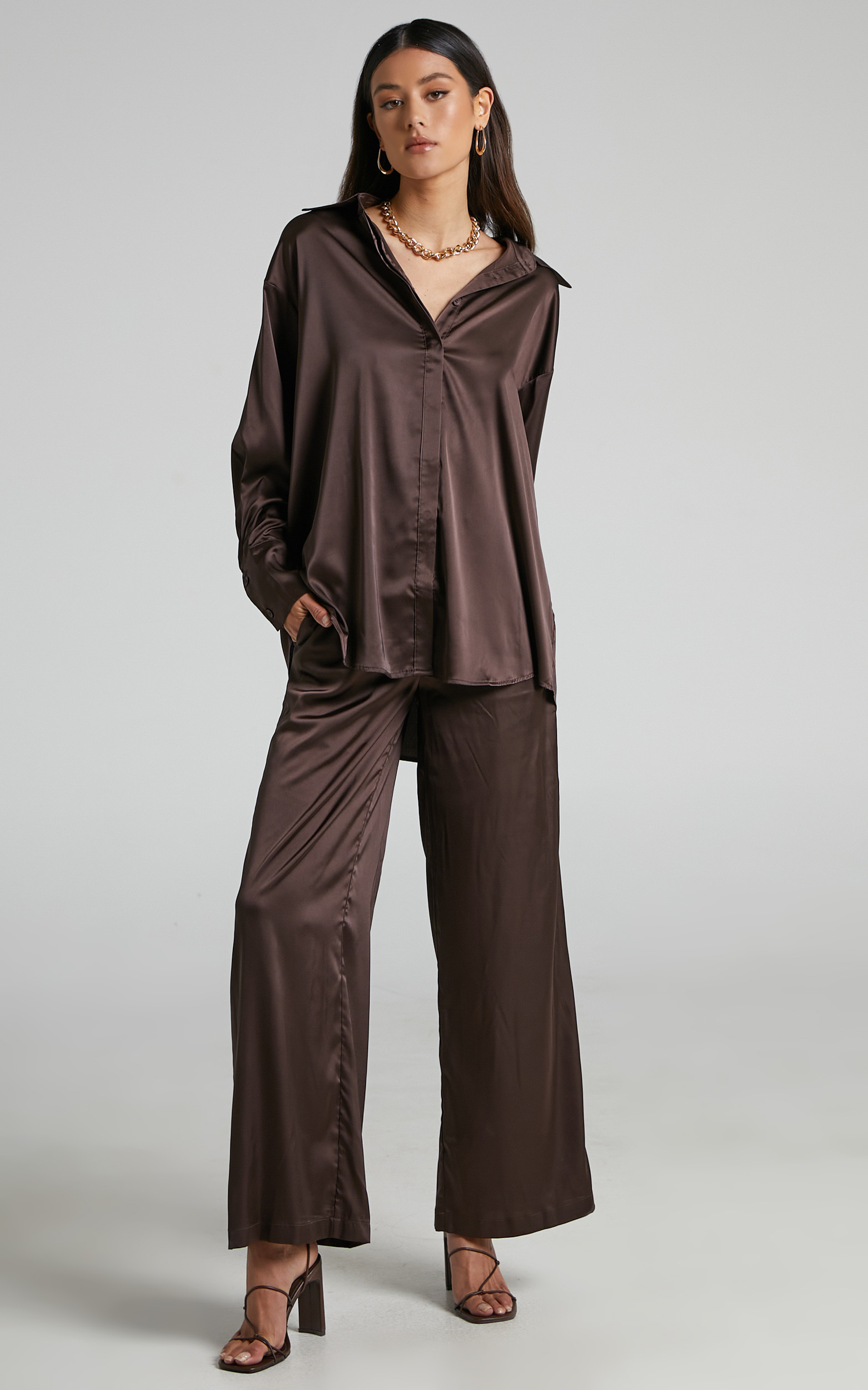 Trianna Oversized Shirt and Wide Leg Pant Satin Two Piece Set in Chocolate - 04, BRN1, hi-res image number null