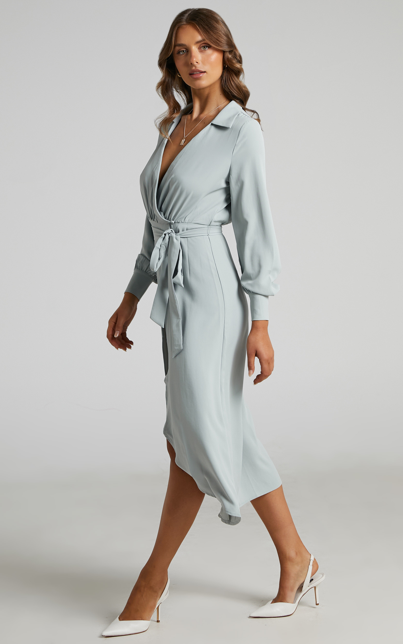Nalysha Long Sleeve Wrap Midi Dress in Dusty Blue - 04, GRN1, hi-res image number null