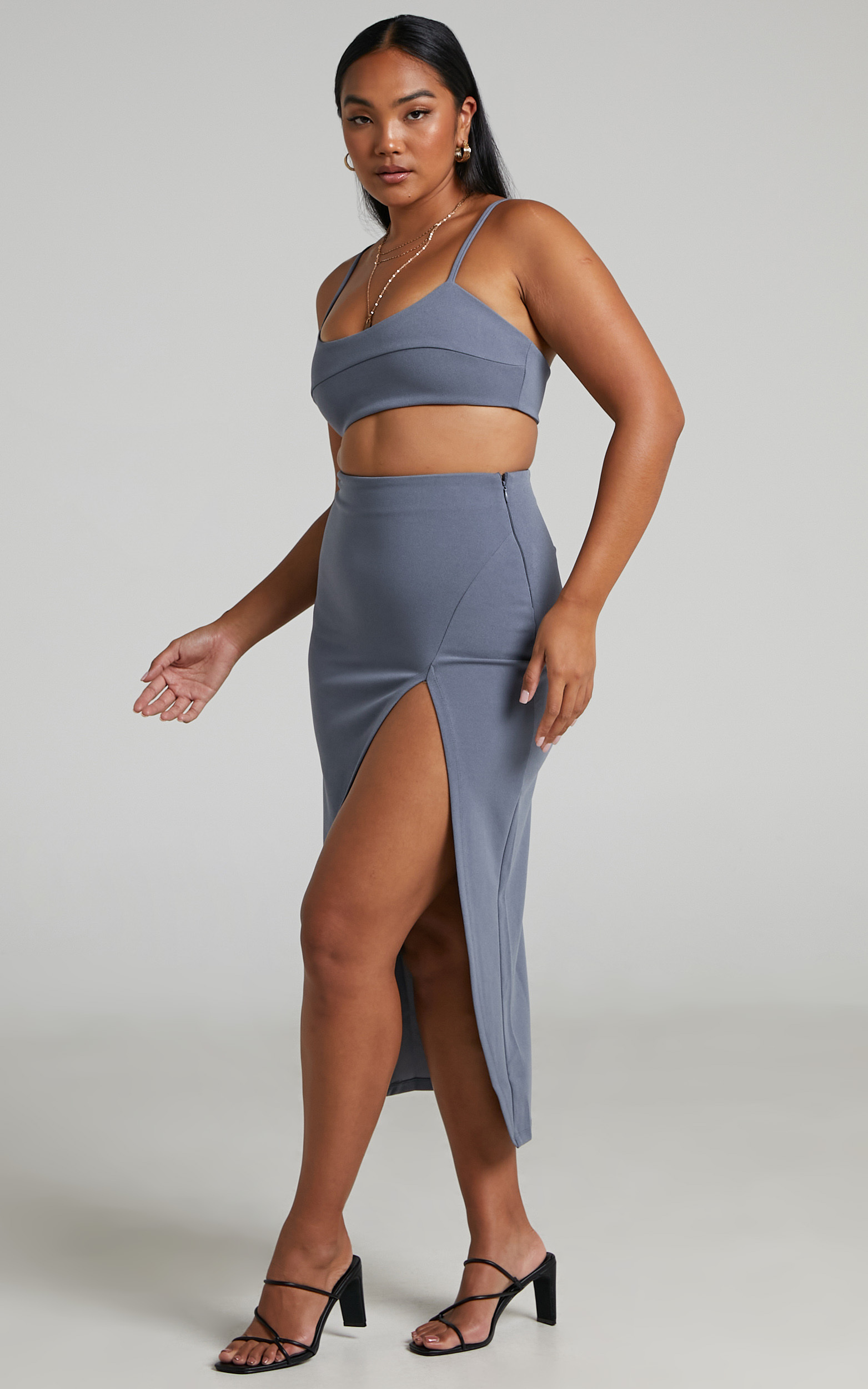 Grayson Crop Top and Split Front Midi Skirt Two Piece Set in Steel Blue - 04, BLU1, hi-res image number null
