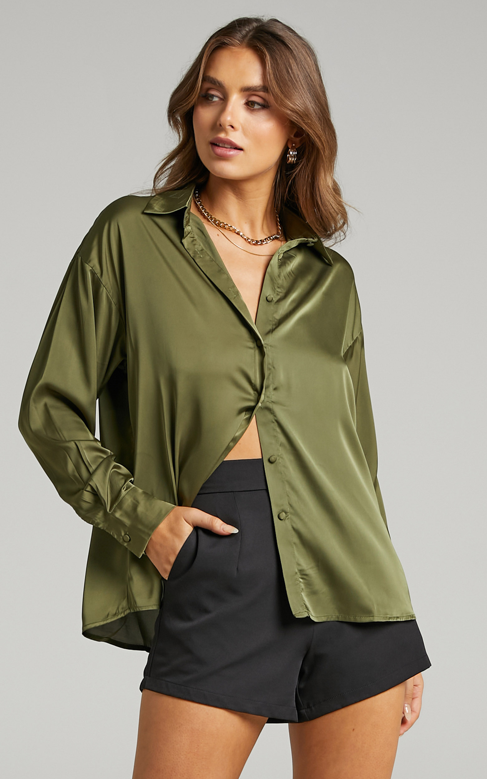 Blaze Oversized Relaxed Shirt in Olive Satin - 06, GRN2, hi-res image number null