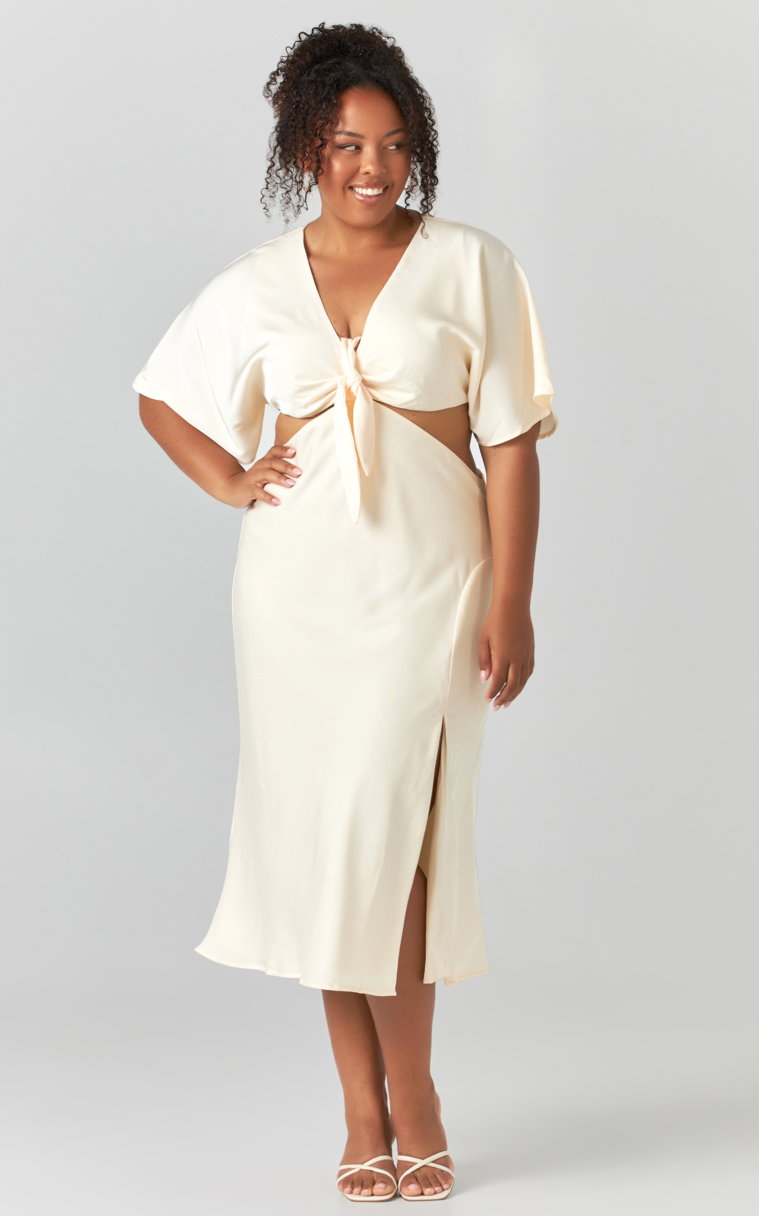 Joja Flutter Sleeve Cut Out Midi Dress in Cream - 04, CRE2, hi-res image number null