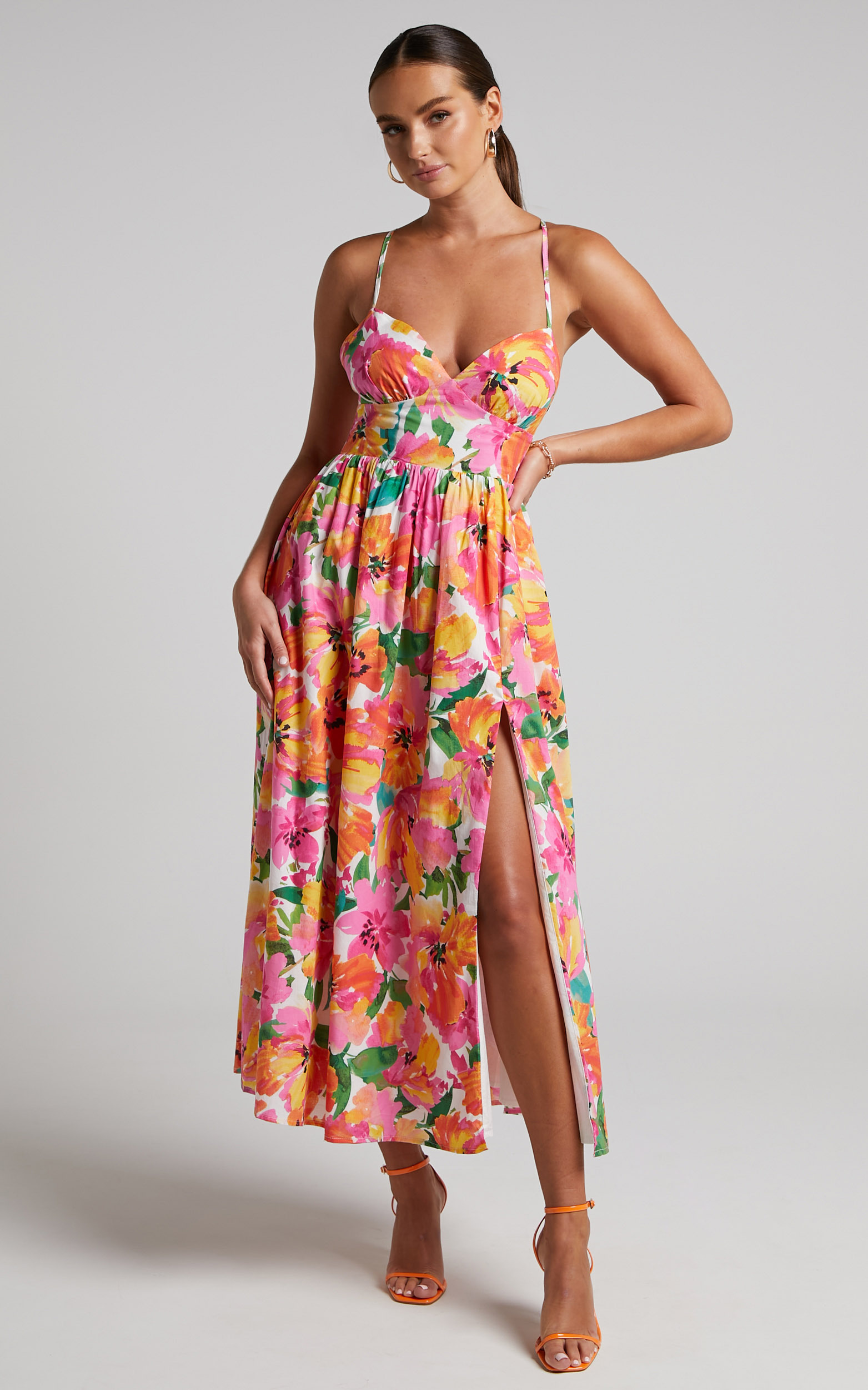 Shairah Midi Dress - Cross Back Gathered Sweetheart Dress in Bloom - 04, MLT1, hi-res image number null