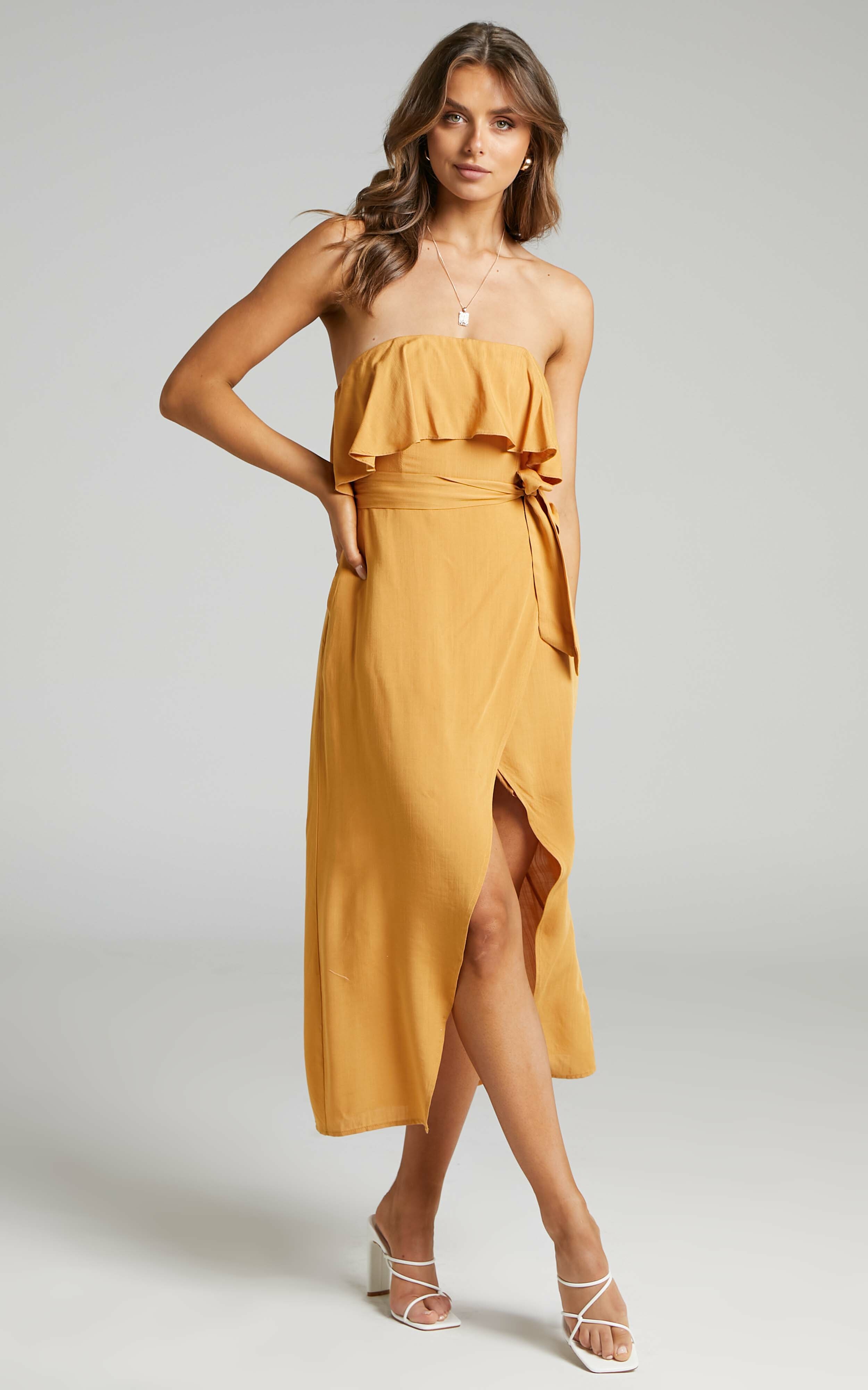 Lulu Strapless Midi Wrap Dress in Mustard - 06, BRN1, hi-res image number null
