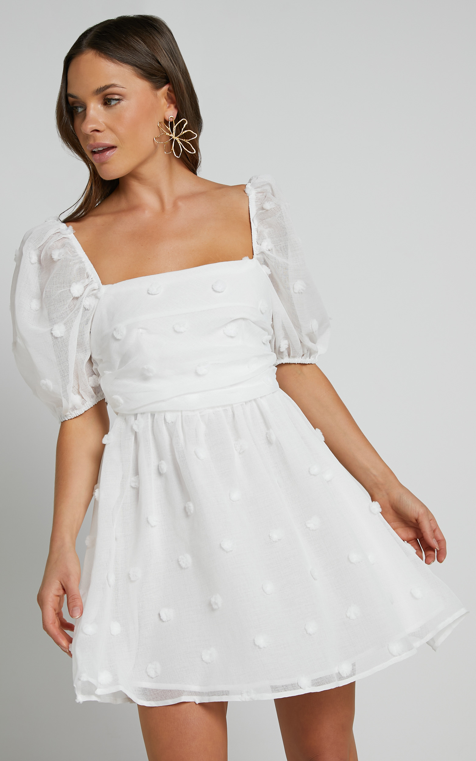 Ambera Mini Dress - Short Puff Sleeve Ruched Bodice A Line in White ...
