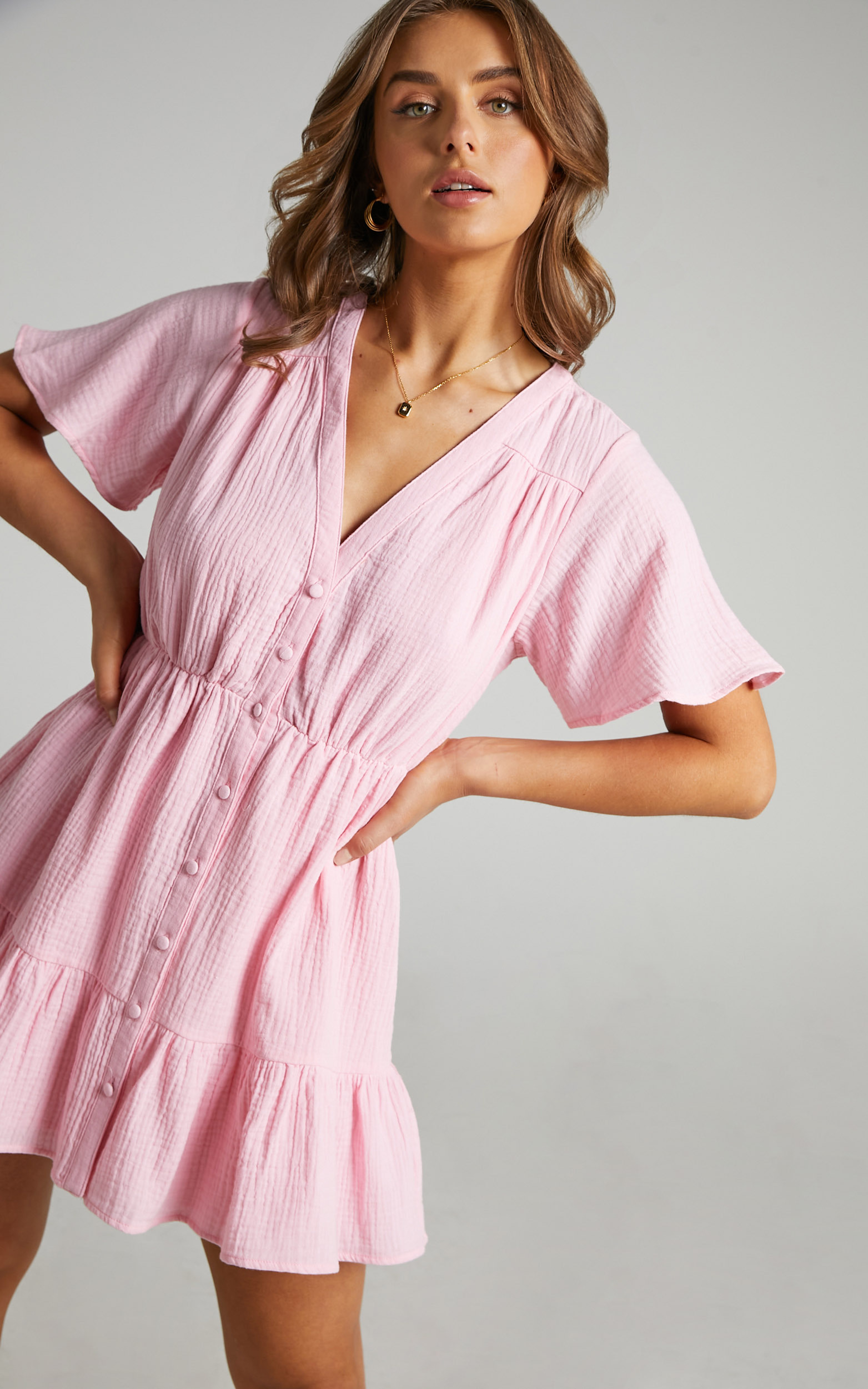 Isabella Button Up Flutter Sleeves Mini Dress in Pink - 06, PNK1, hi-res image number null