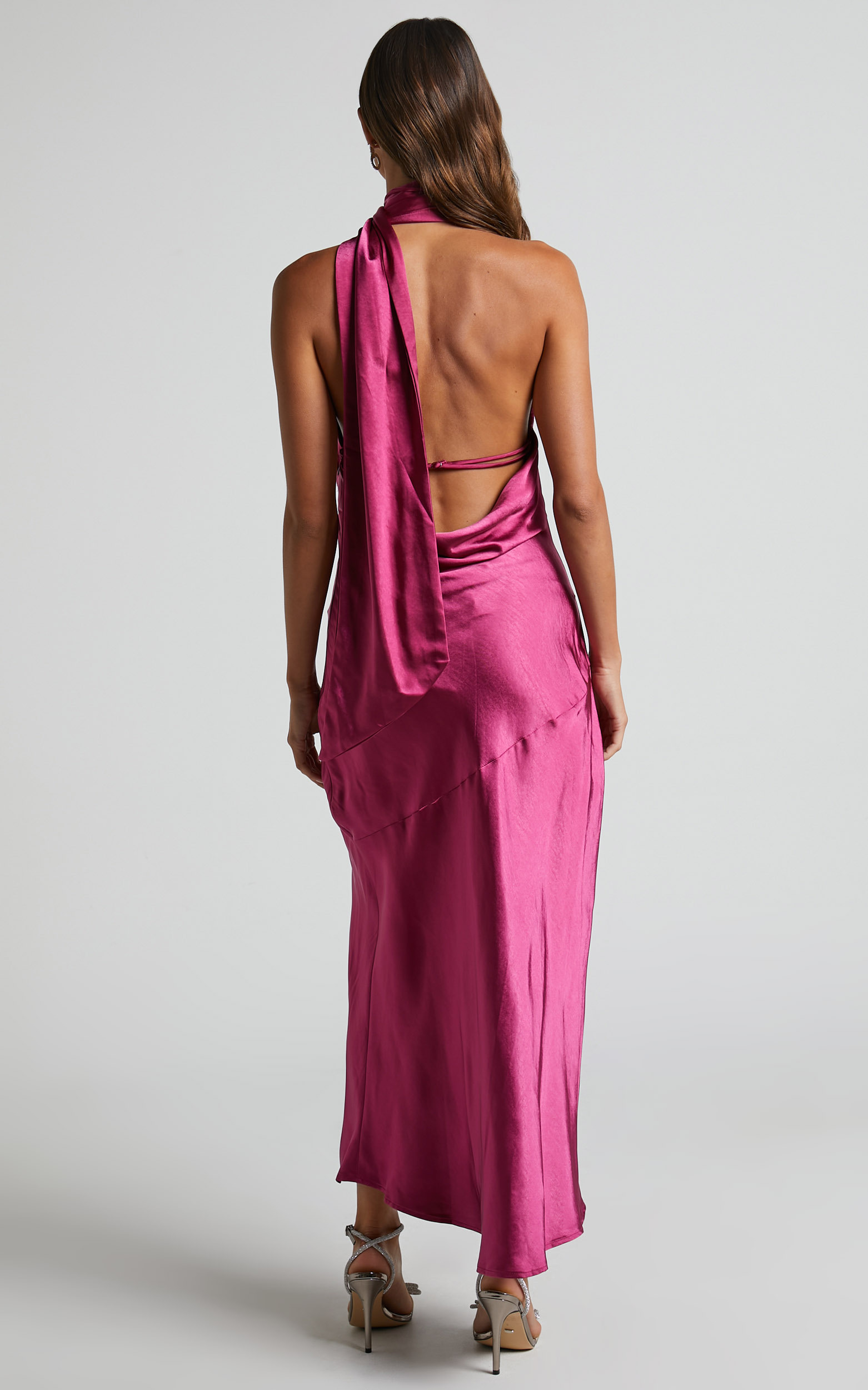 Evana High Asymmetrical Neck Satin Slip Midi Dress in FUSCHIA | Showpo USA