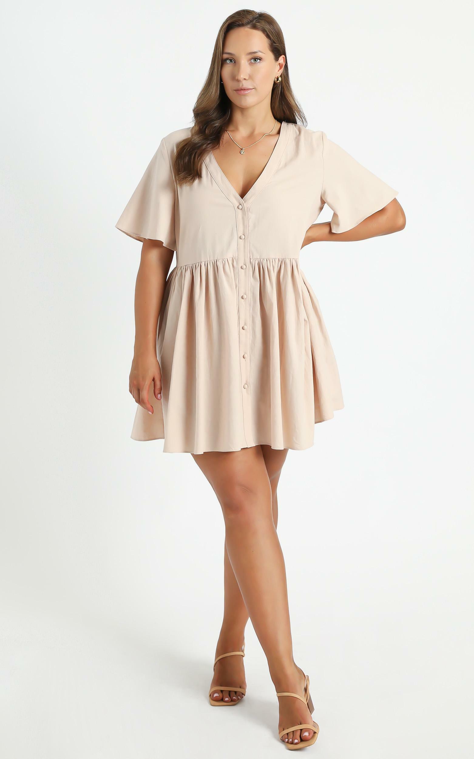 Staycation Smock Button Up Mini Dress in Beige - 20, BRN3, hi-res image number null