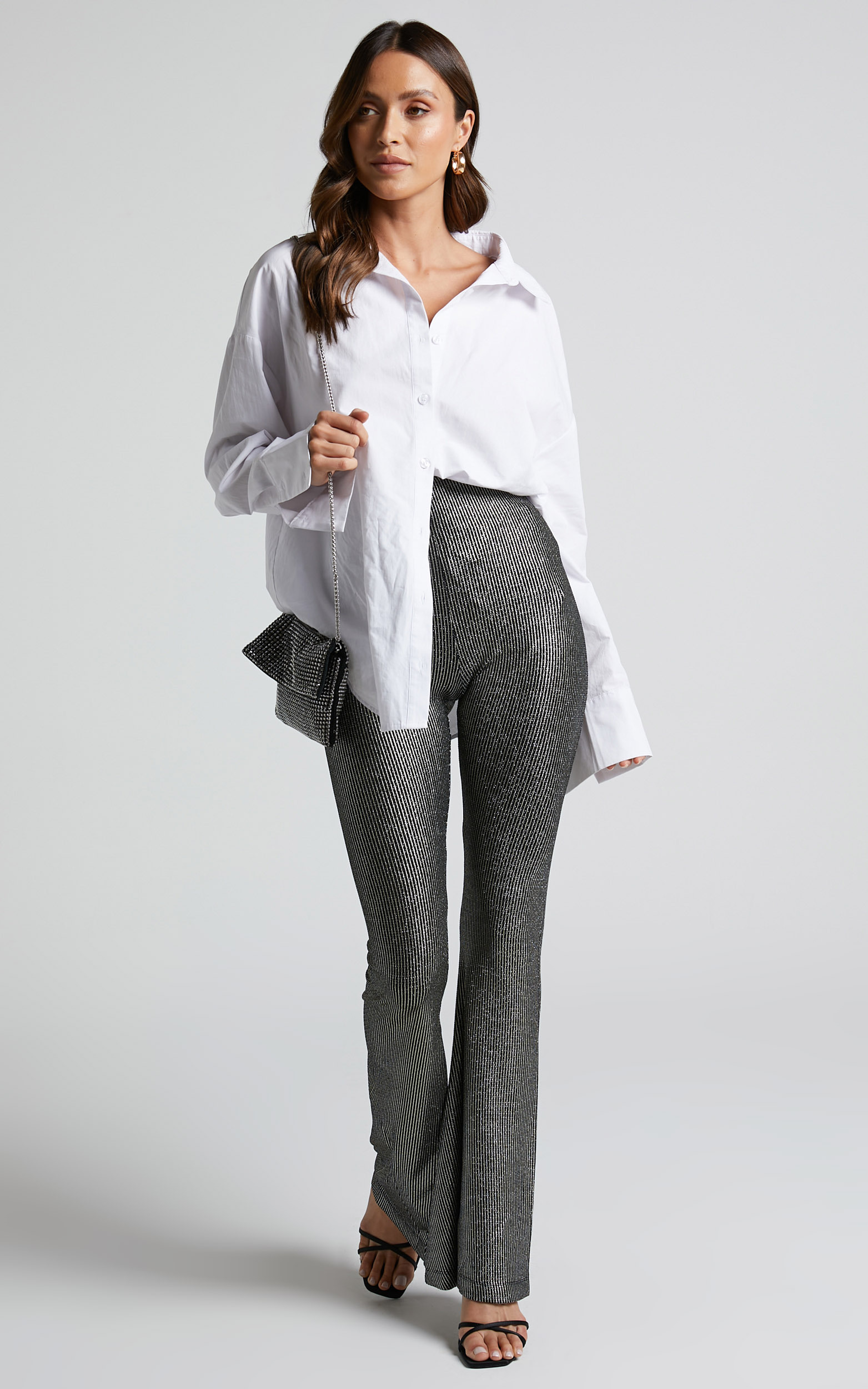 Merlin High Waisted Lurex Flared Pants in Black and Silver - 04, BLK1, hi-res image number null