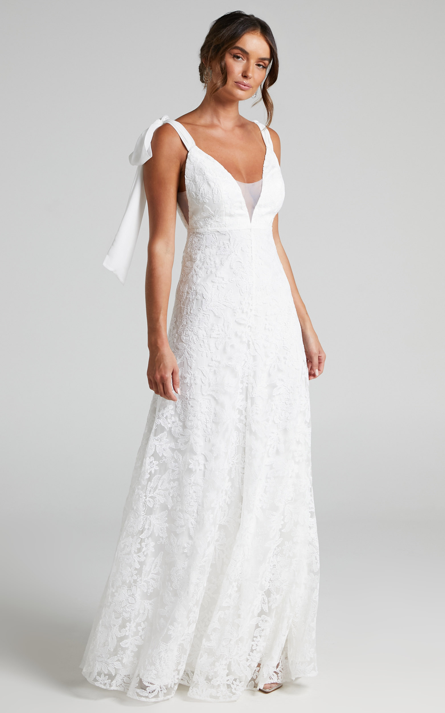 Petunia Tie Shoulder Plunge Neck Lace Gown in Ivory - 06, WHT1, hi-res image number null
