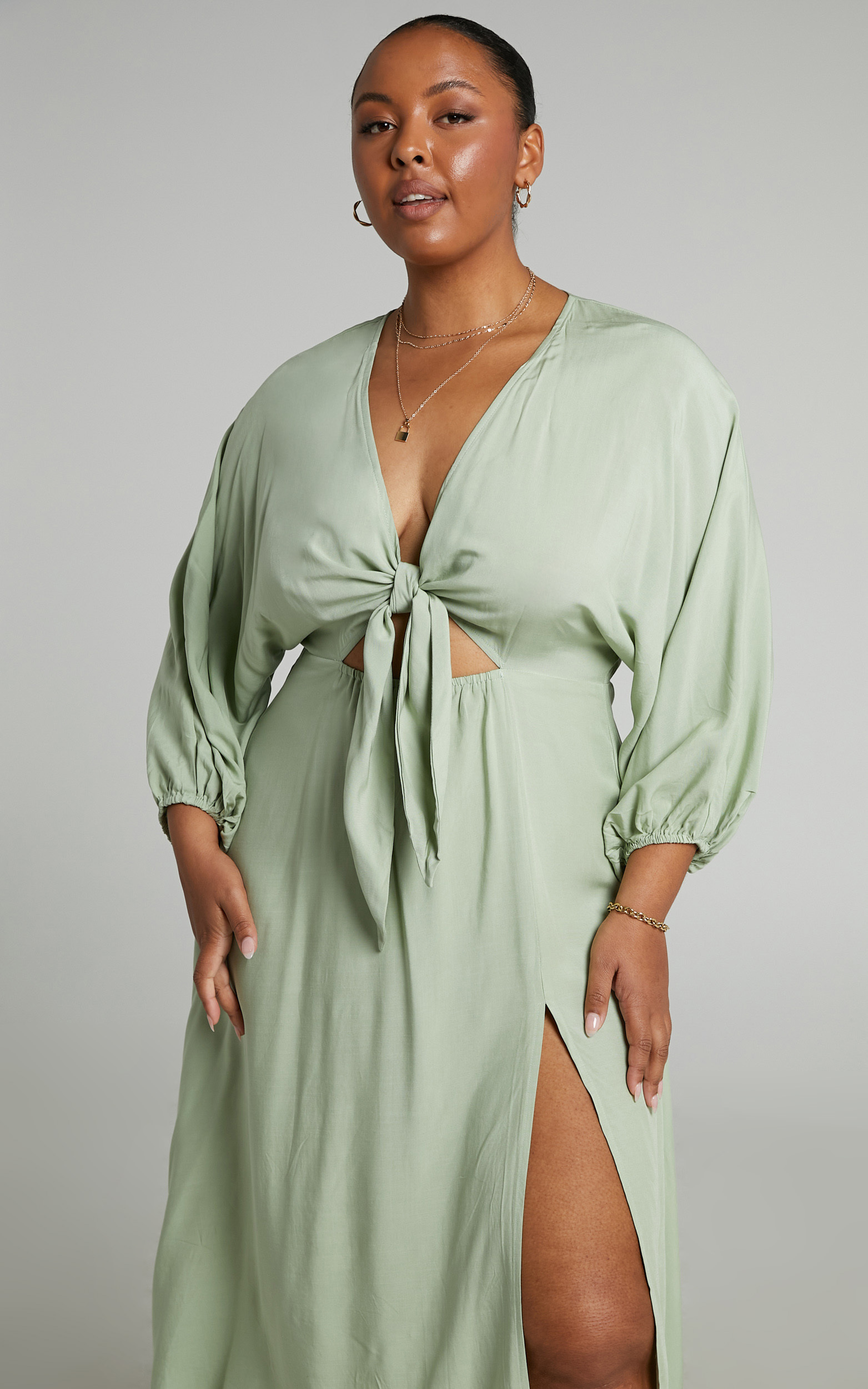Tyricia Long Sleeve Tie Front Cut Out Midi Dress in Sage - 04, GRN1, hi-res image number null