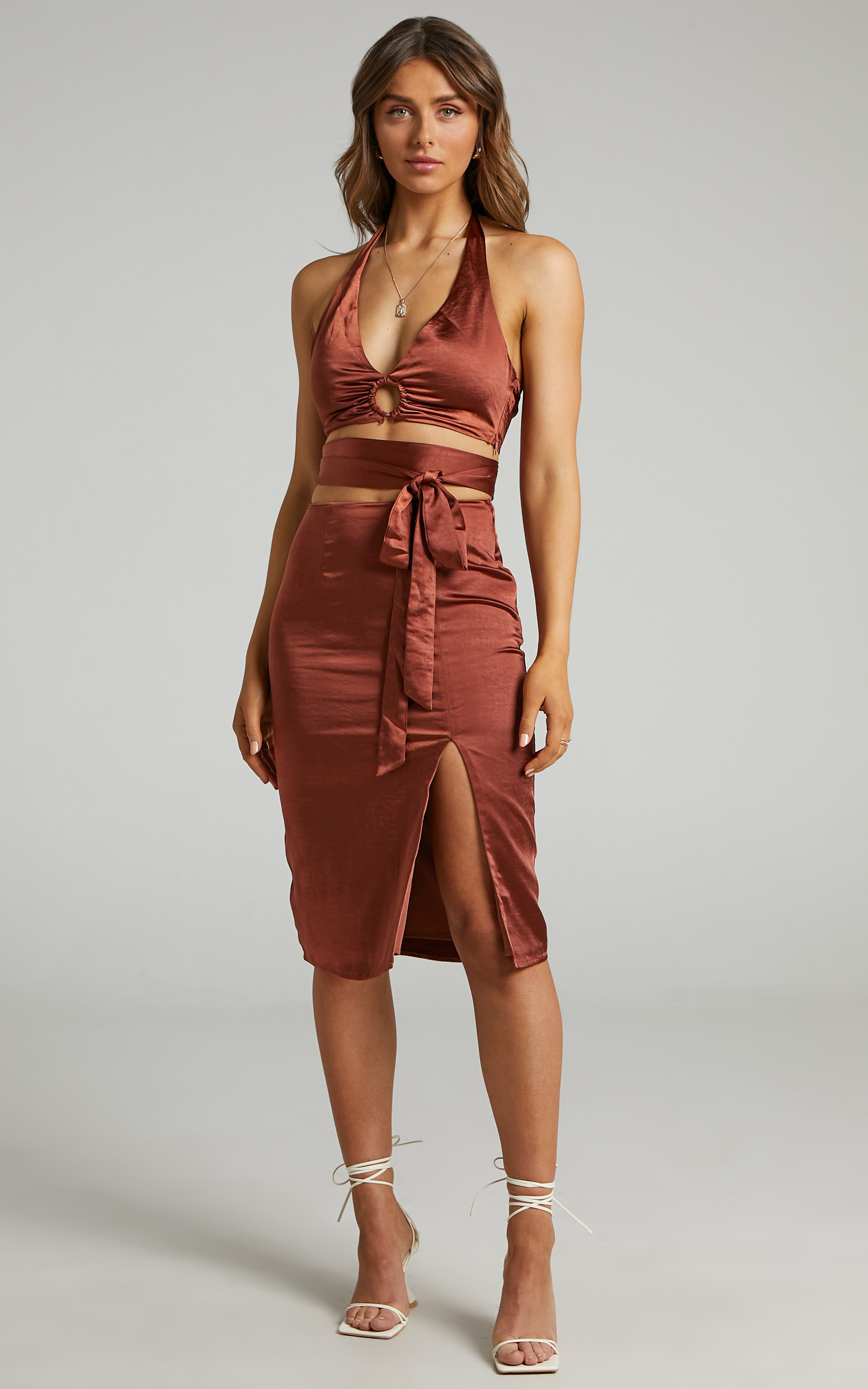 Sharelle Wrap Tie Halter Satin Two Piece Set in Rust - 06, BRN1, hi-res image number null
