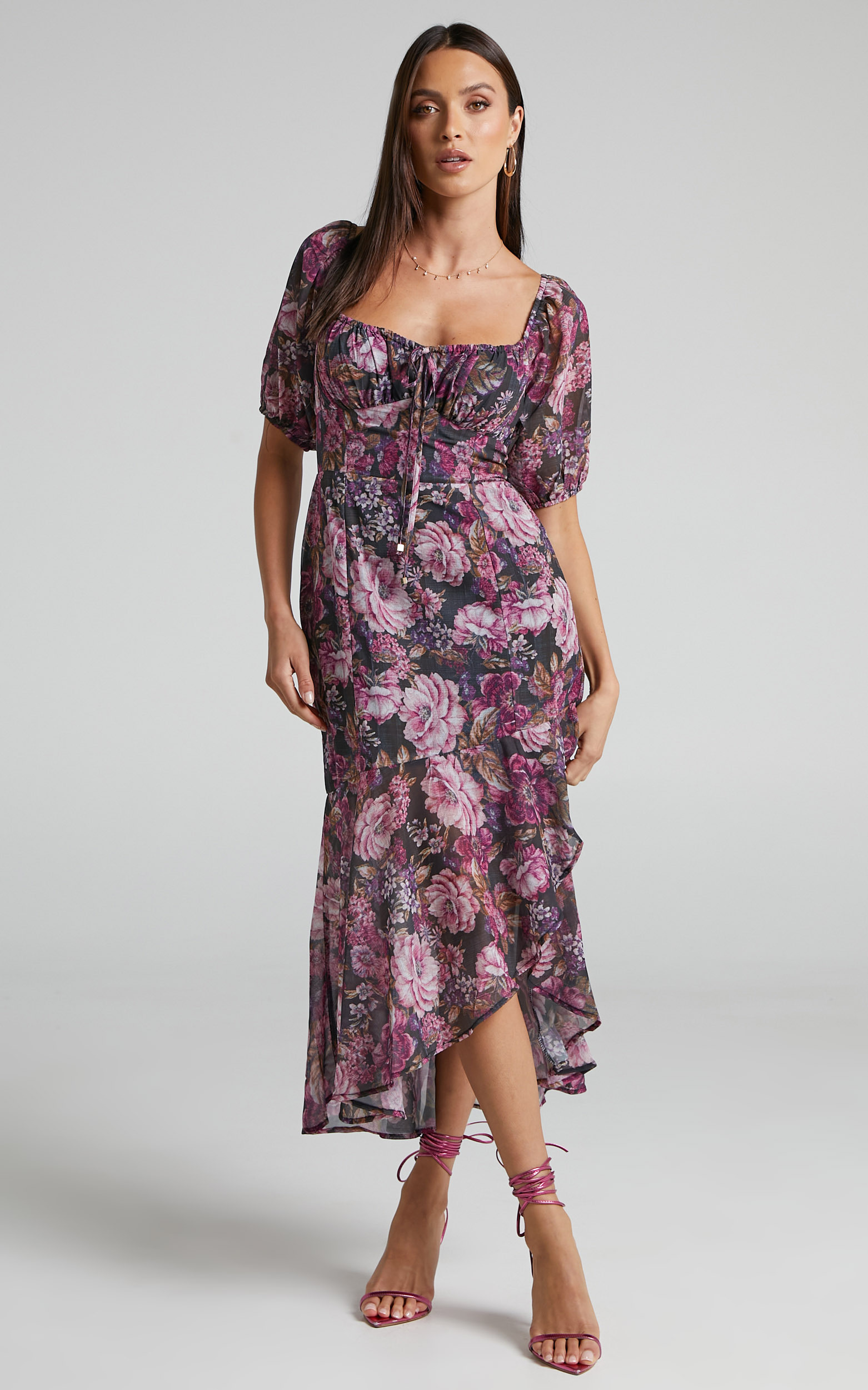 Jasalina Puff Sleeve Midi Dress in Harvest Floral - 04, PNK1, hi-res image number null