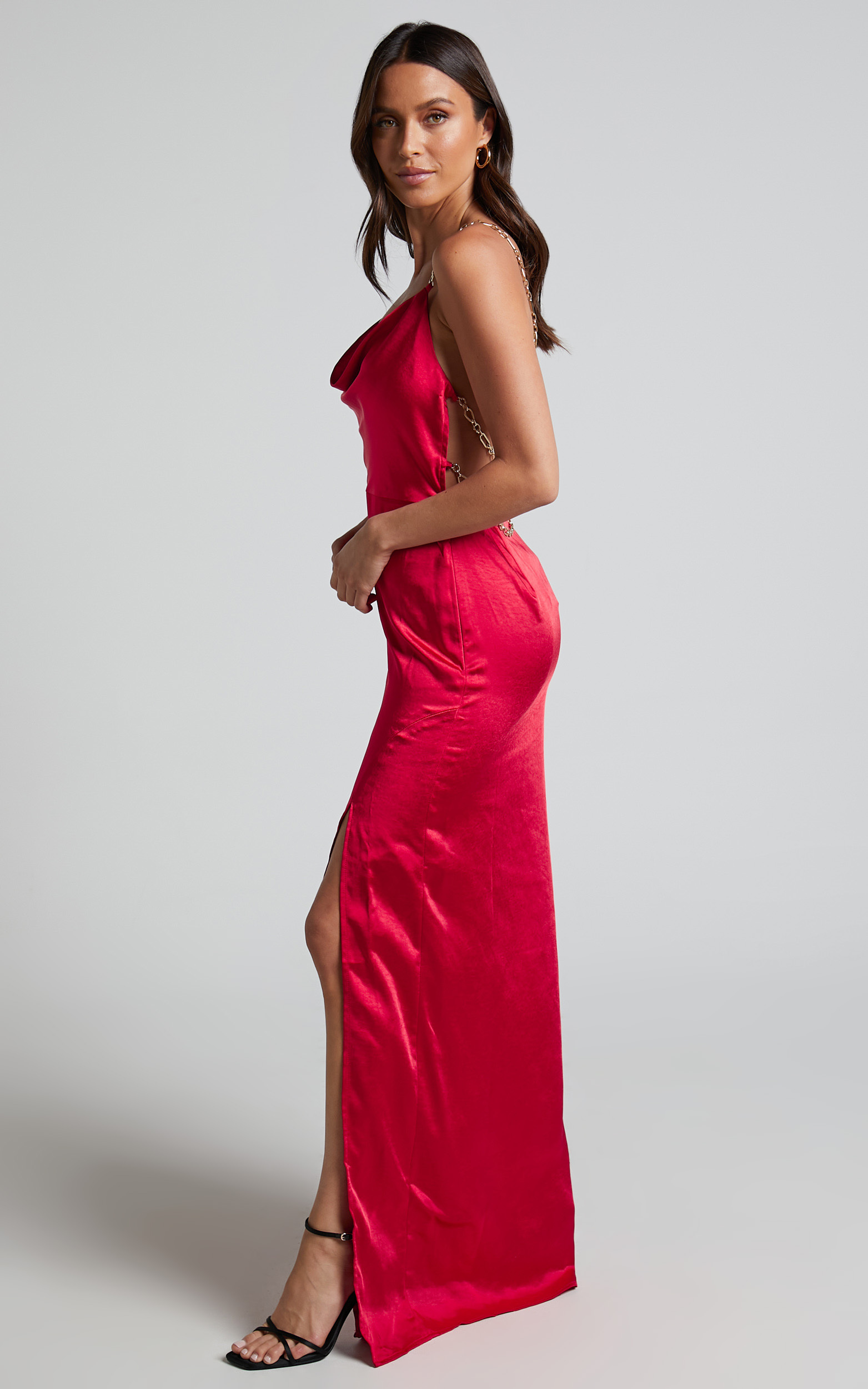 Bravia Maxi Dress - Chain Strap Open Back Satin Dress in Red | Showpo