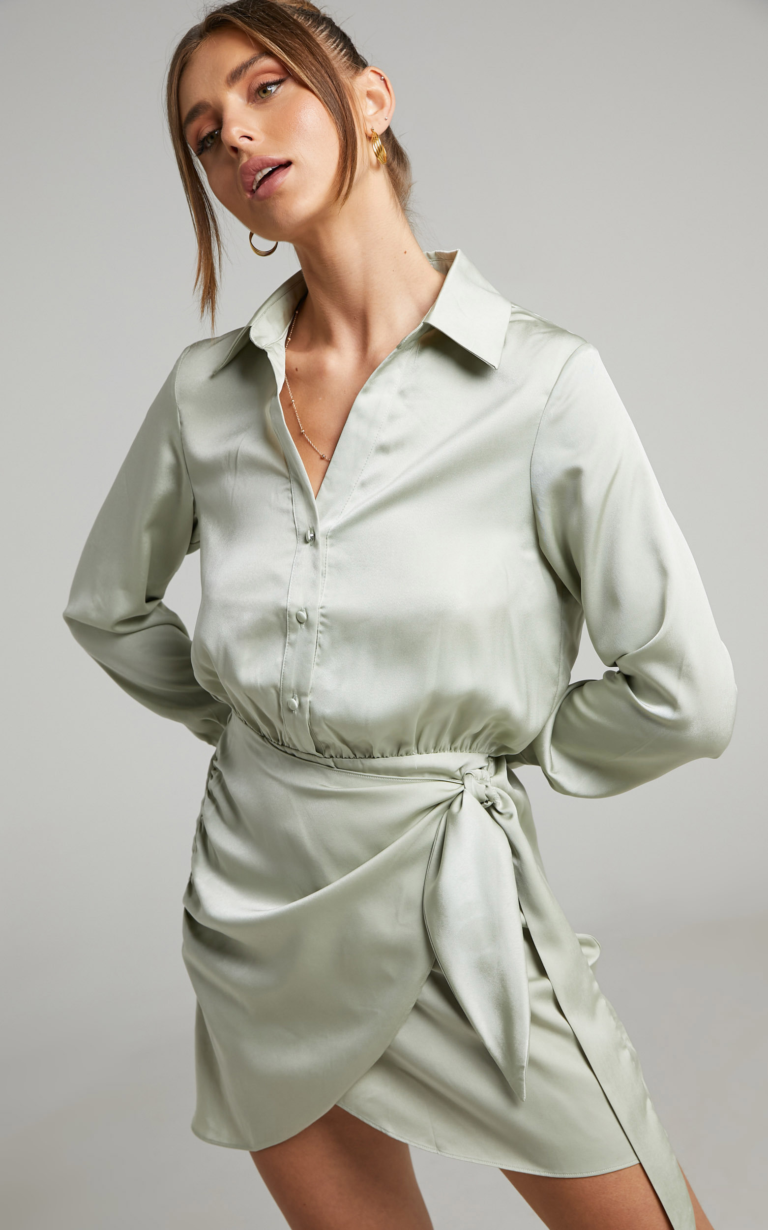 Michae Long Sleeve Wrap Front Mini Dress in Sage - 04, GRN2, hi-res image number null