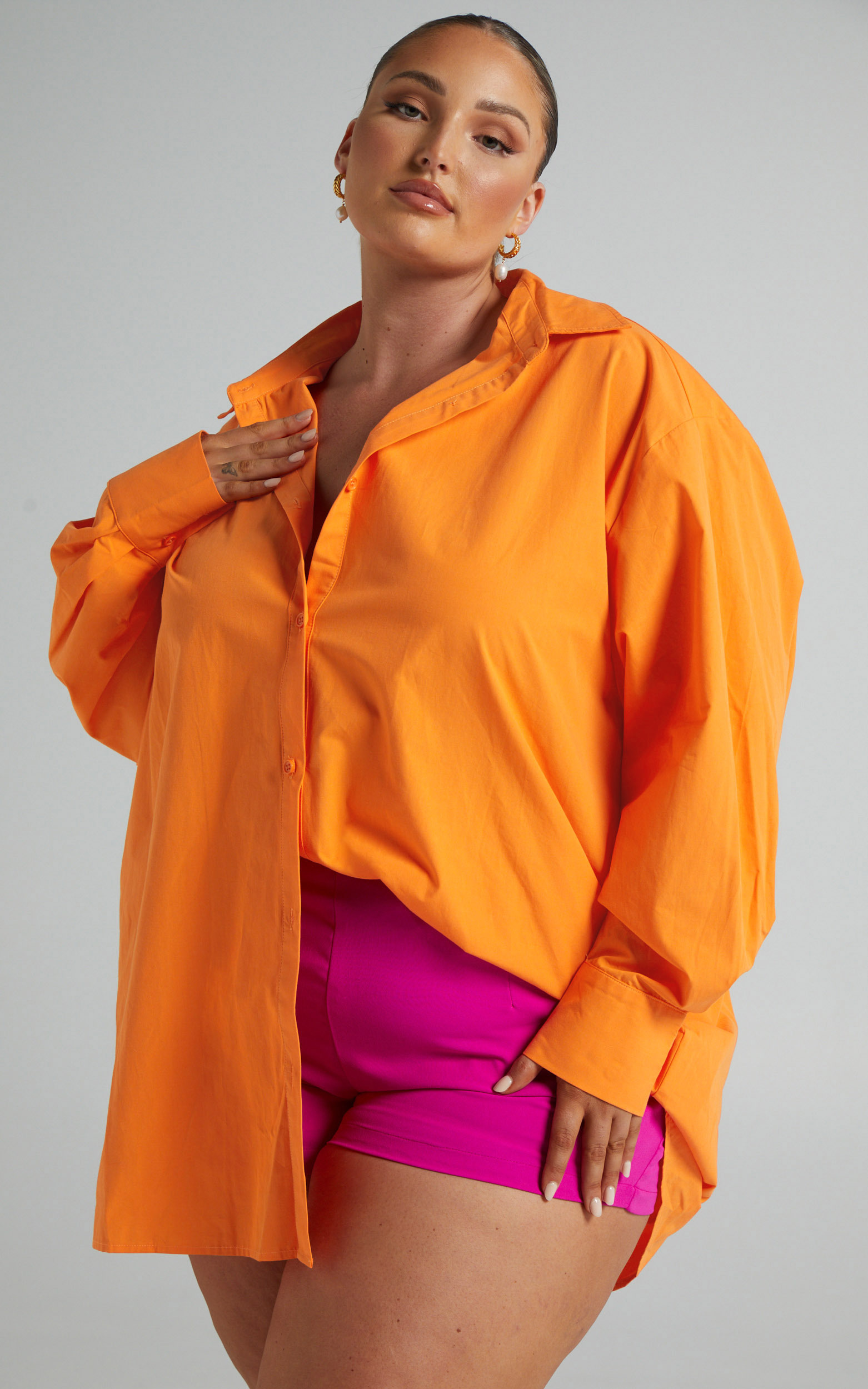 Harriet Oversized Long Sleeve Button Up Shirt in Orange | Showpo