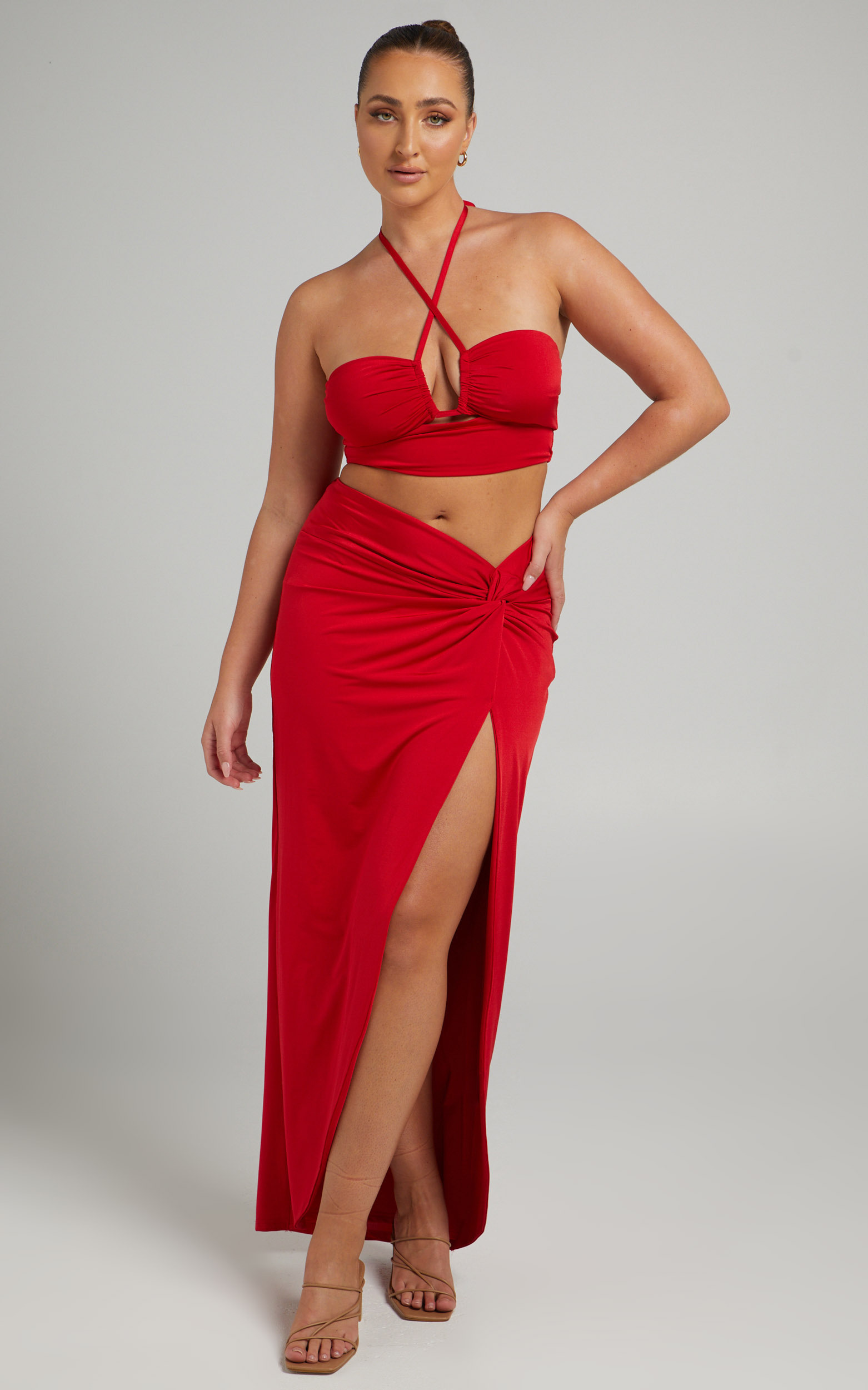 Forrest Halter Neck Top Twist Midi Skirt Two Piece Set in Red - 04, RED1, hi-res image number null