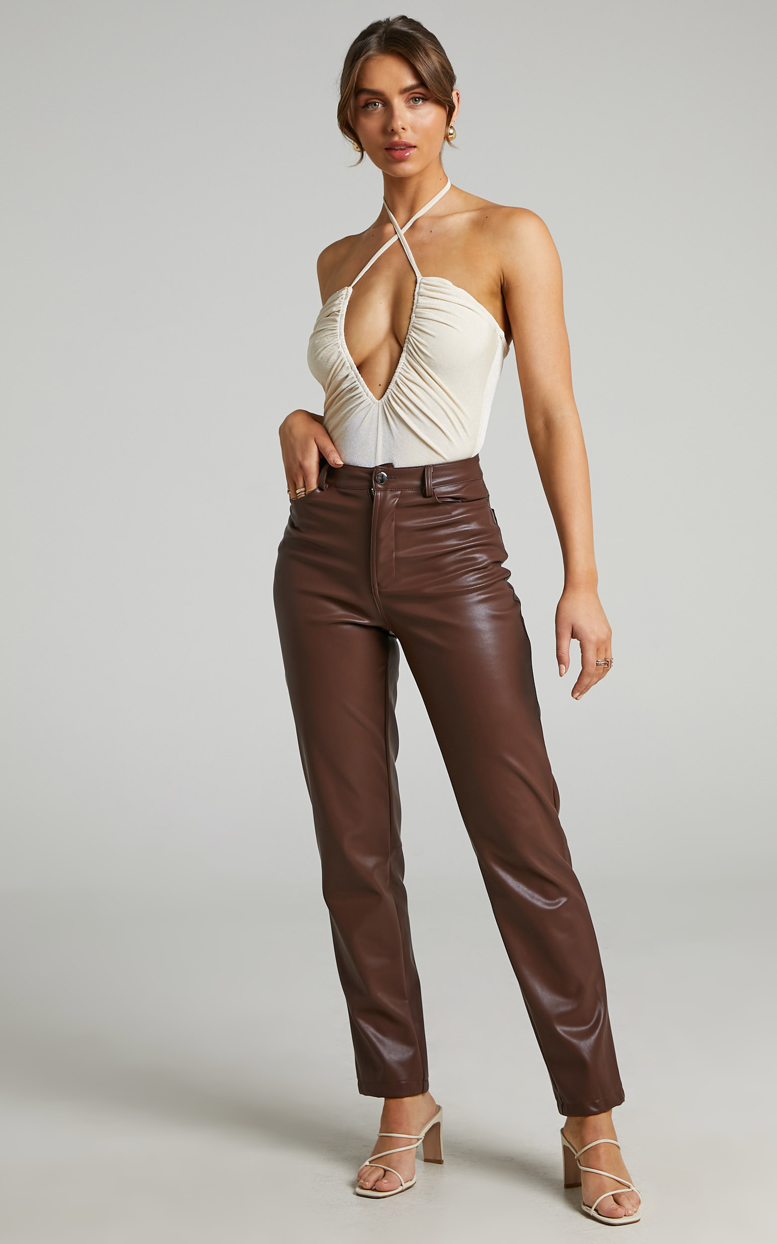 Victorie Plunge Neck Ruched Bodysuit in Cream - 06, CRE1, hi-res image number null