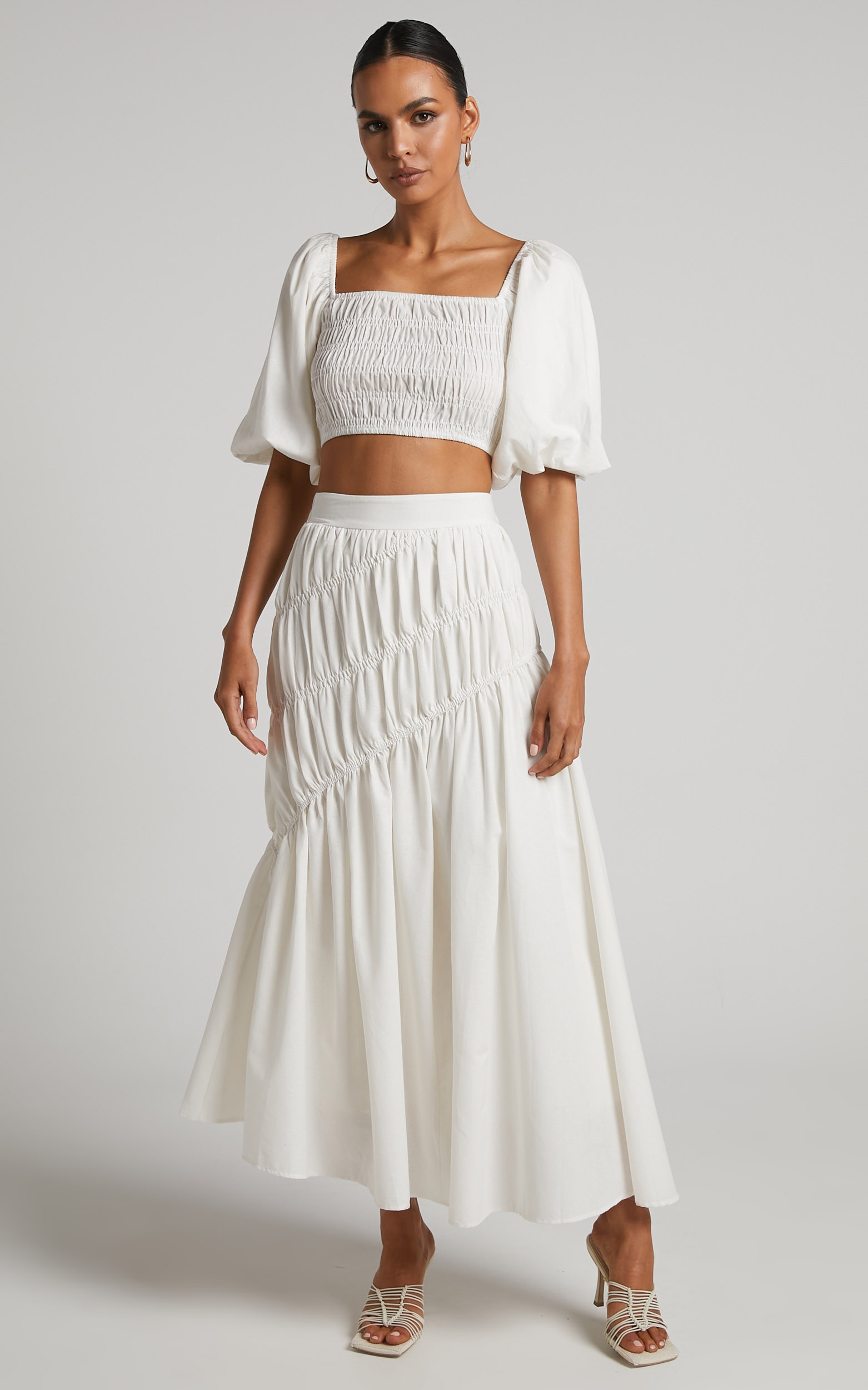 Elina Maxi Skirt - Linen Shirred Tiered Skirt in White - 06, WHT1, hi-res image number null