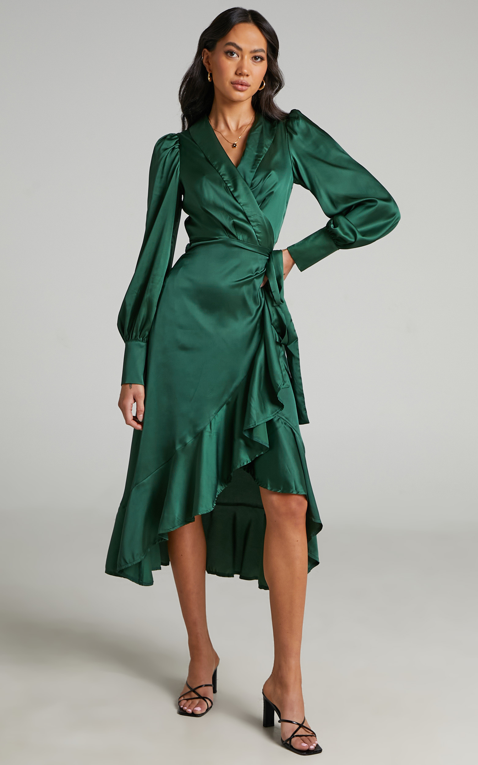 Rada Long Sleeve Frill Wrap Midi Dress in Forest Green - 04, GRN1, hi-res image number null