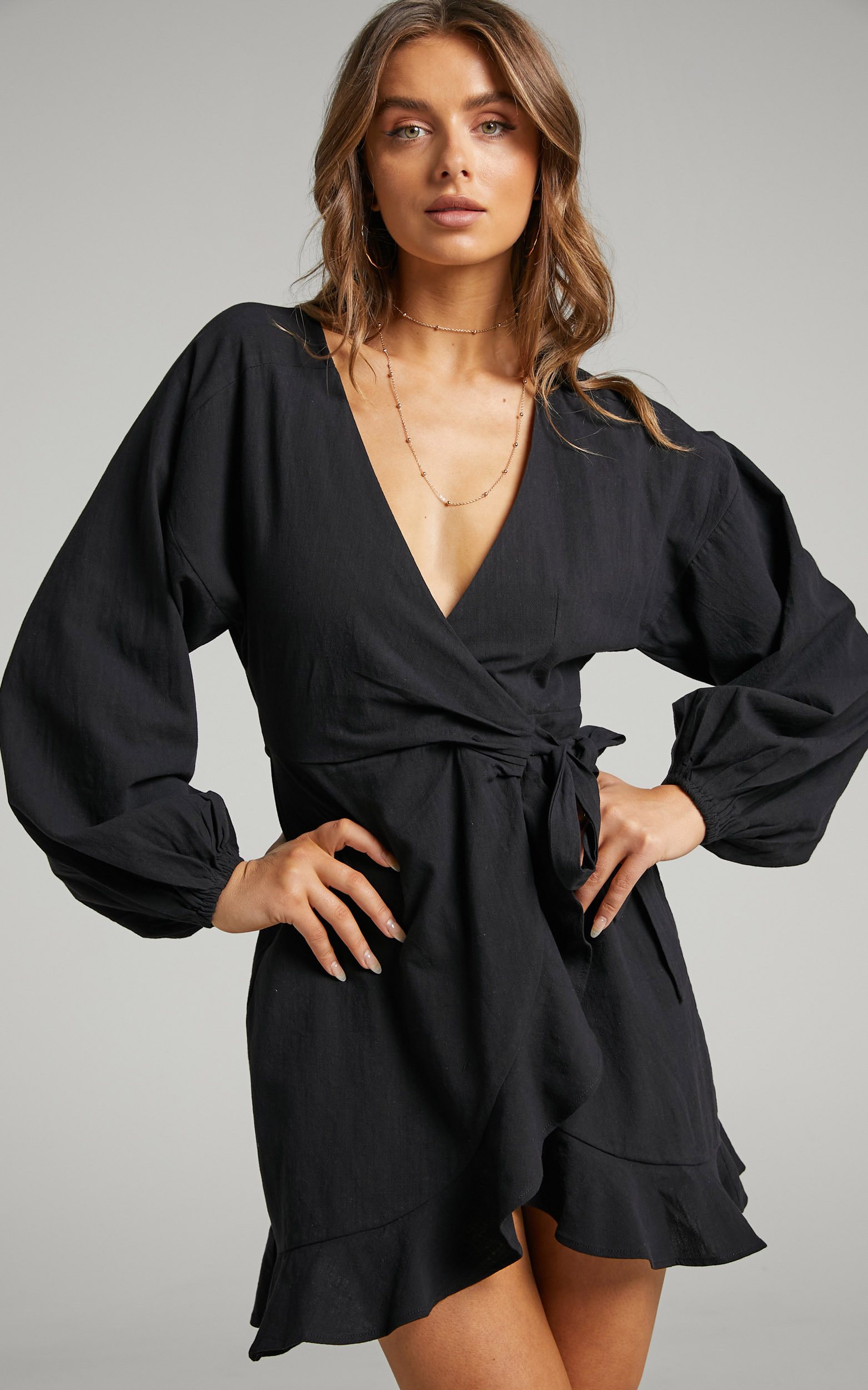Francoise Balloon Sleeve Wrap Style Mini Dress in Black - 12, BLK1, hi-res image number null