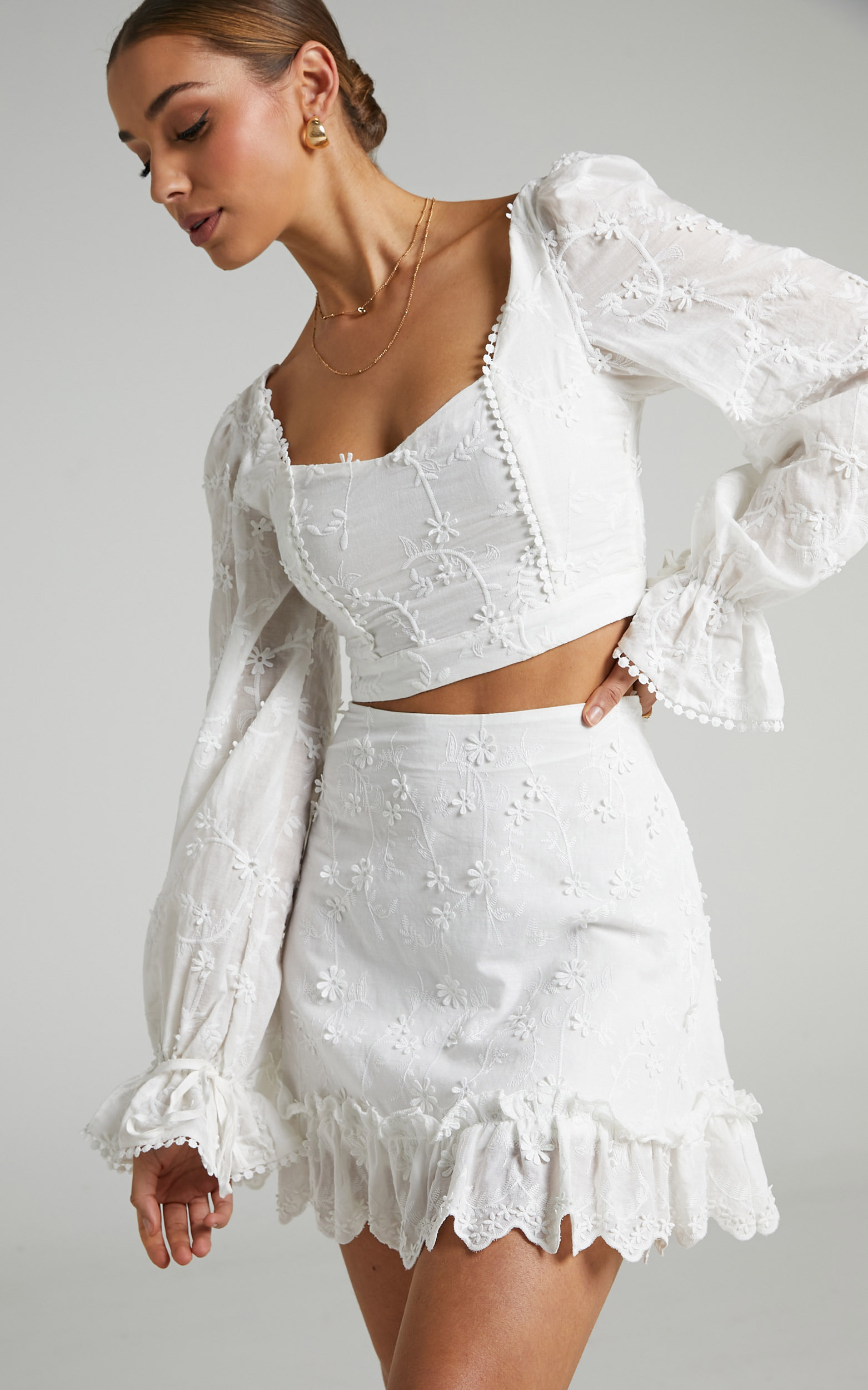 Johanna Embroidery Anglaise Longsleeve Top in White - 06, WHT1, hi-res image number null