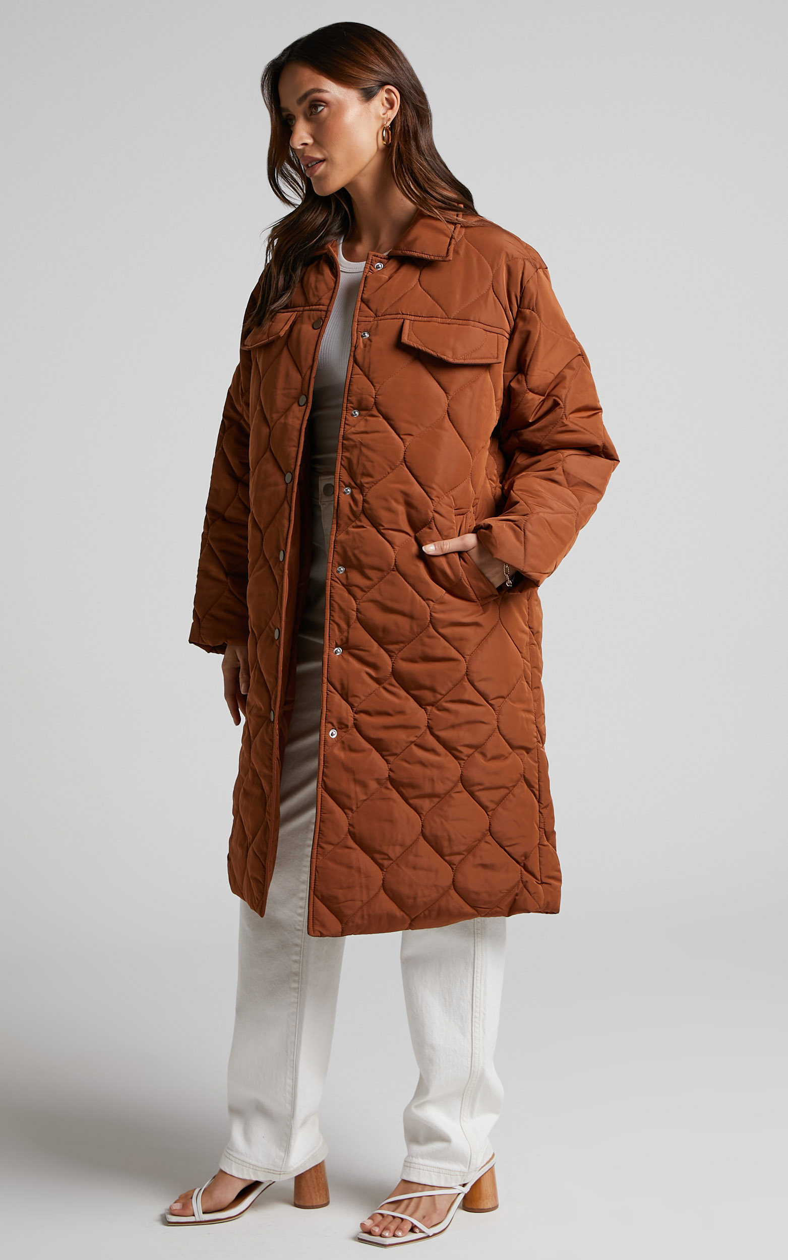 Bayley Coat - Longline Quilted Coat in Chocolate - L, BRN1, hi-res image number null