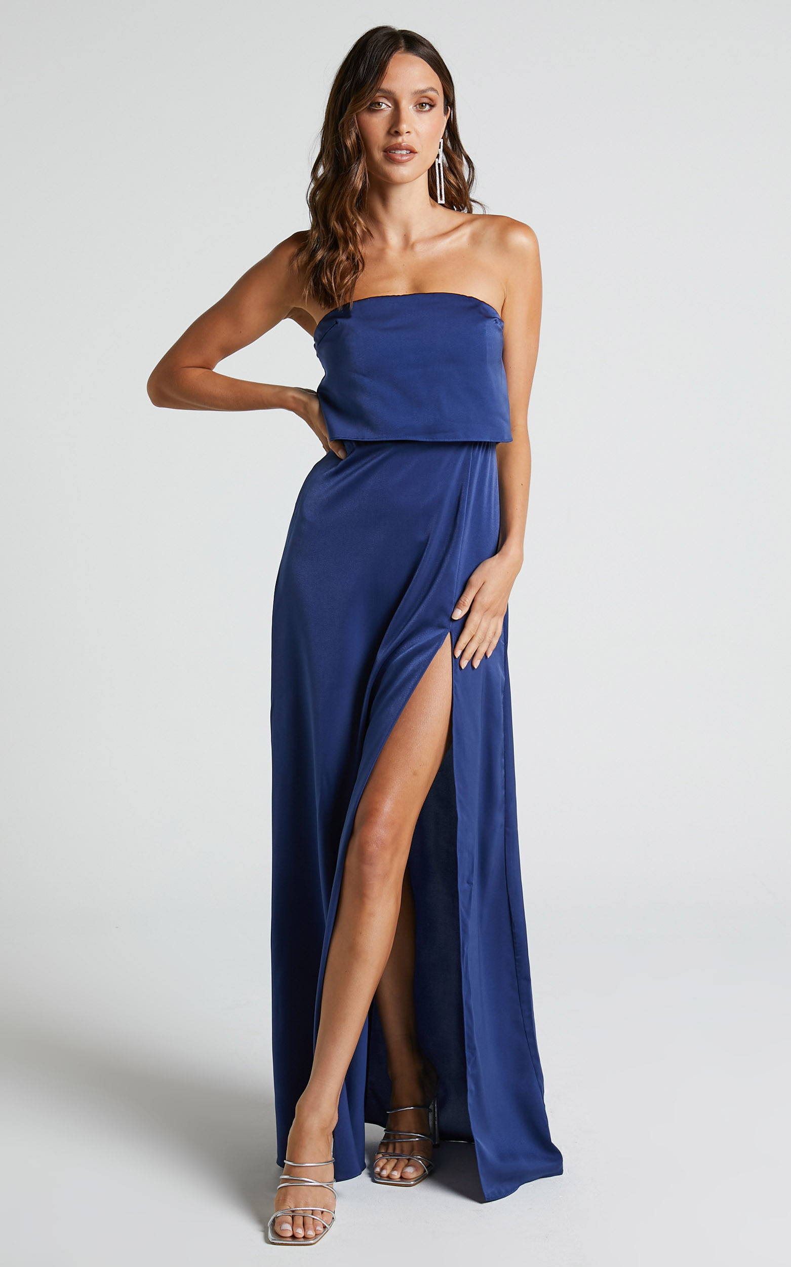 Rhyanna Maxi Dress - Strapless Thigh Split Satin Dress in Navy - 06, NVY1, hi-res image number null