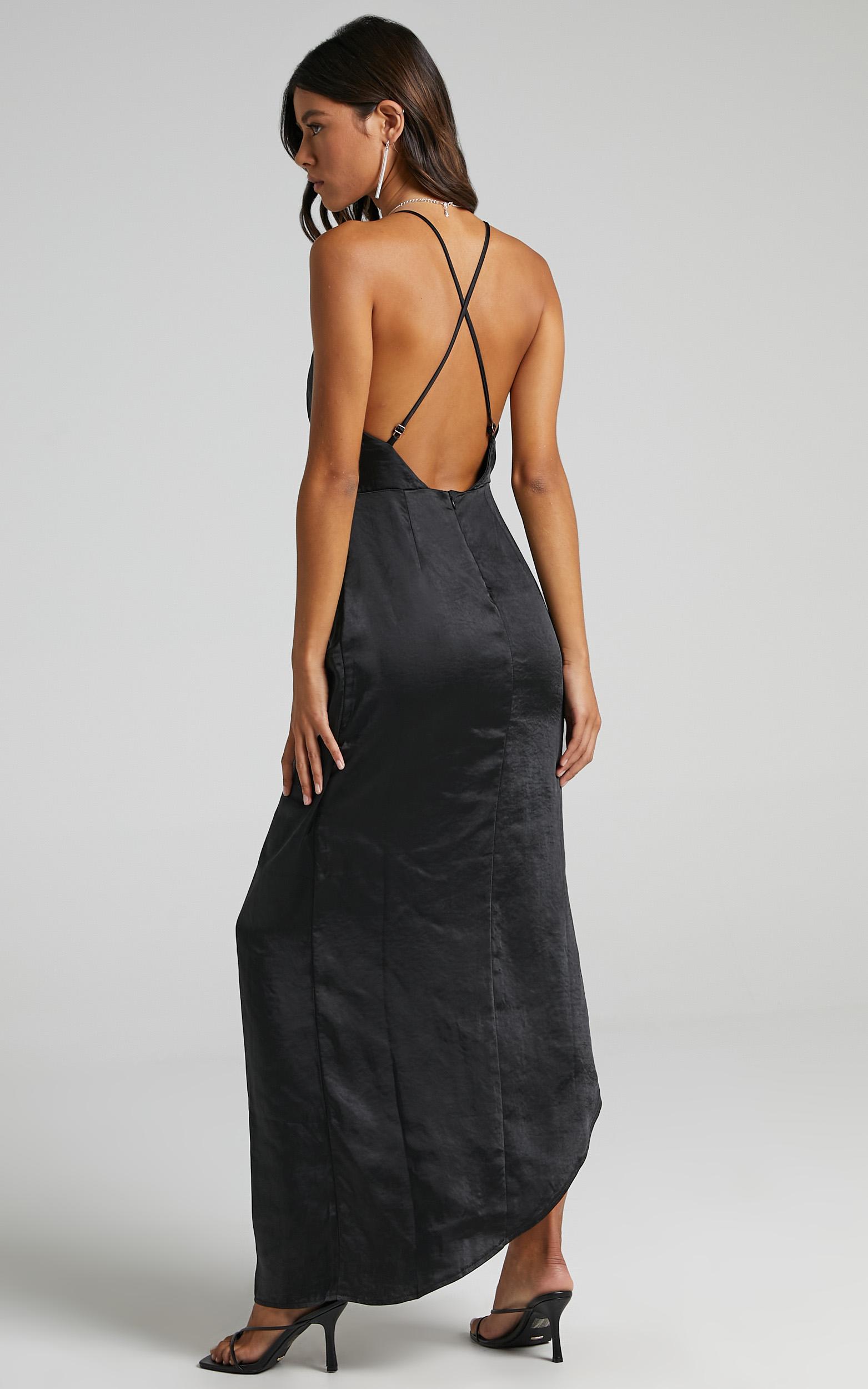 Jayne Twist Front Maxi dress in Black Satin | Showpo