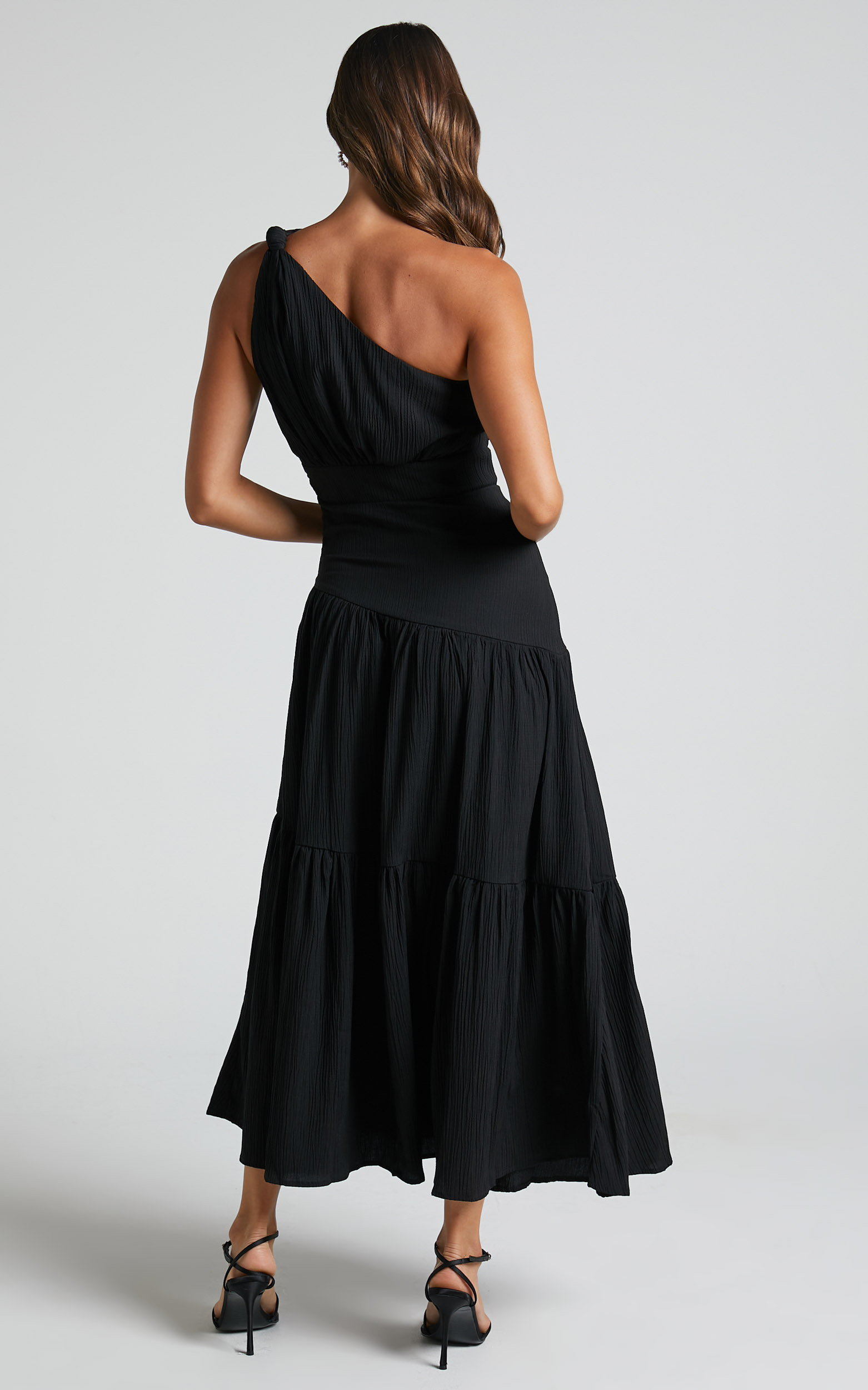 Celestia Midi Dress - Tiered One Shoulder Dress in Black | Showpo NZ
