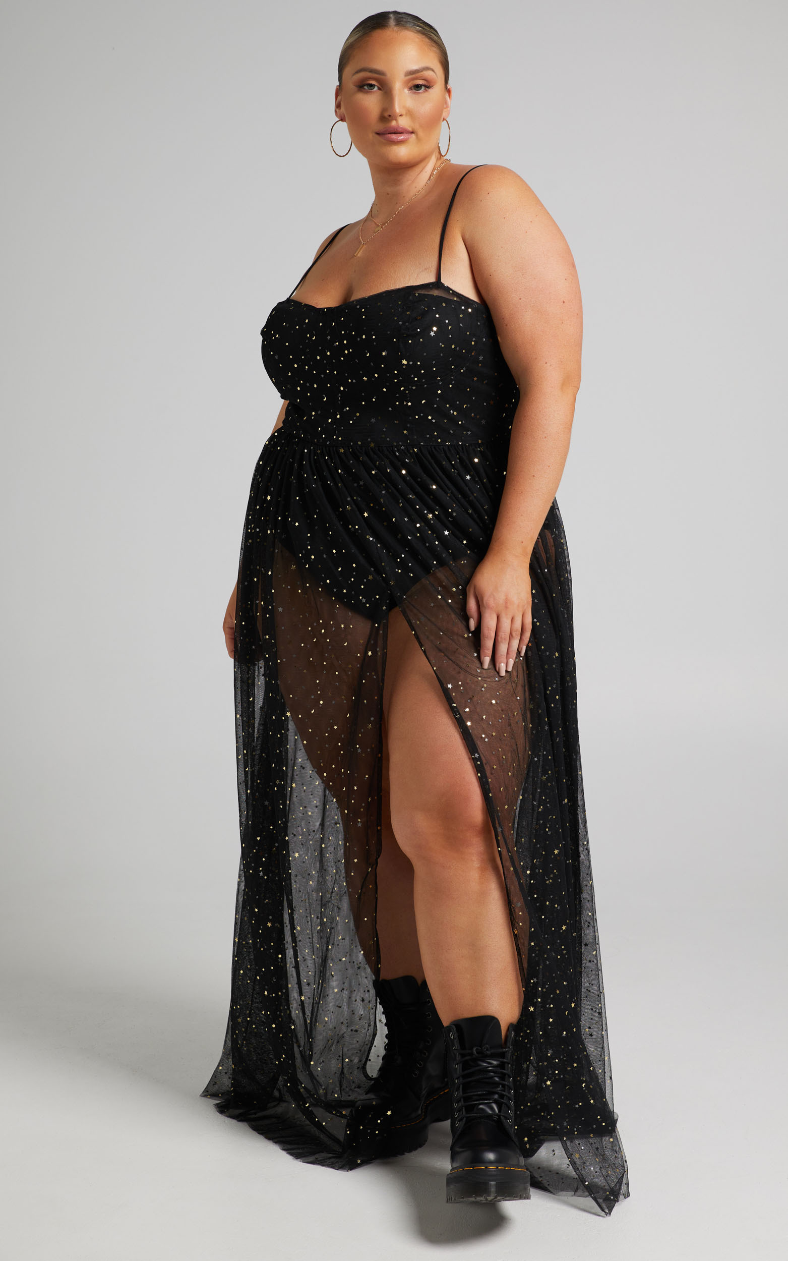 Stunning View Bodice Maxi Dress in Black Mesh - 04, BLK1, hi-res image number null