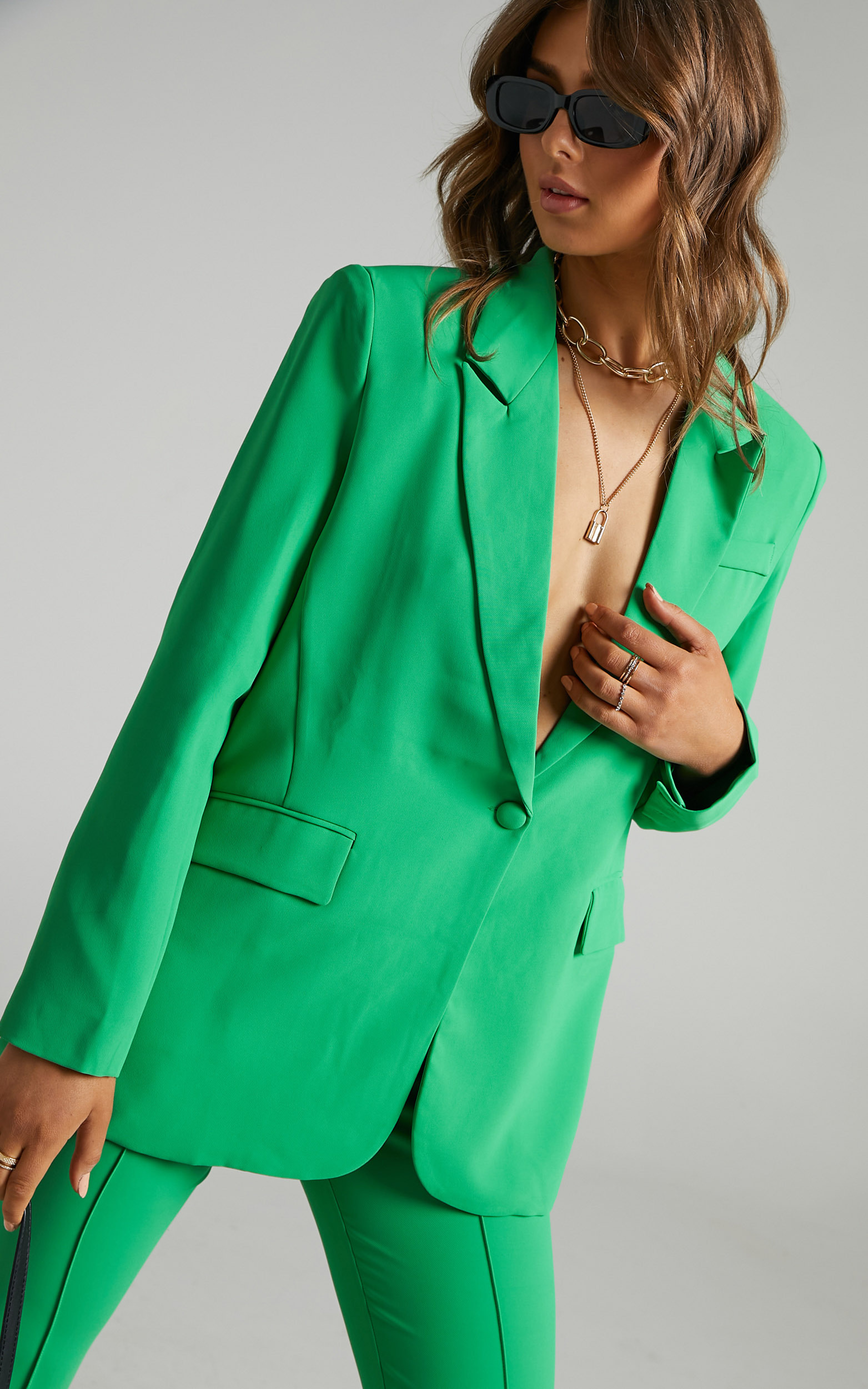 Michelle oversized plunge neckline Button Up Blazer in Green | Showpo